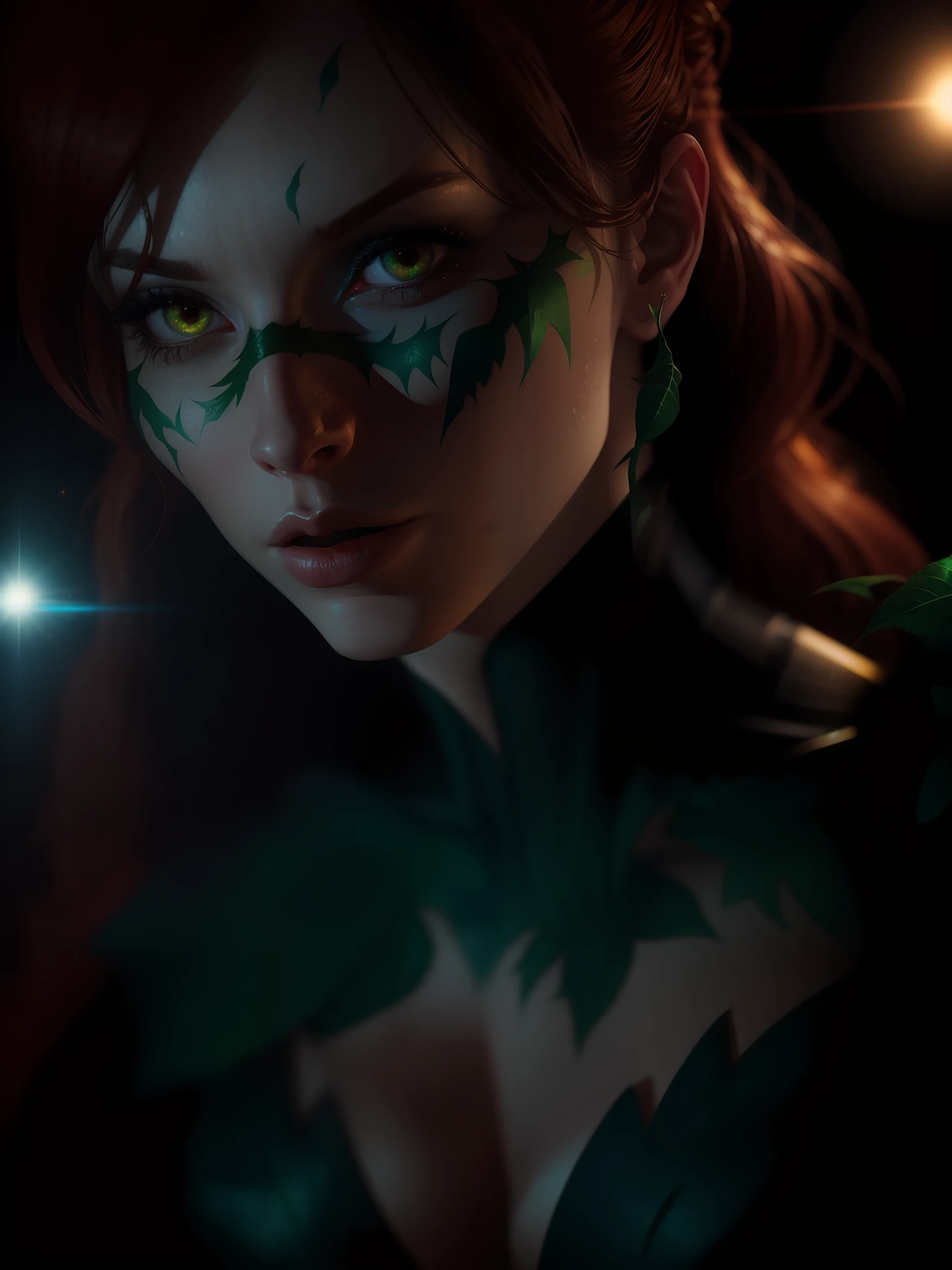 Movie scene, Poison Ivy from DC close-up shot, distorted space, distorted undead in the background, lens flares, light shafts, intricate details, high detailed, volumetric lighting, 4k rendering, stock photo, hyperrealistic, realistic textures, dramatic lighting, Unreal Engine