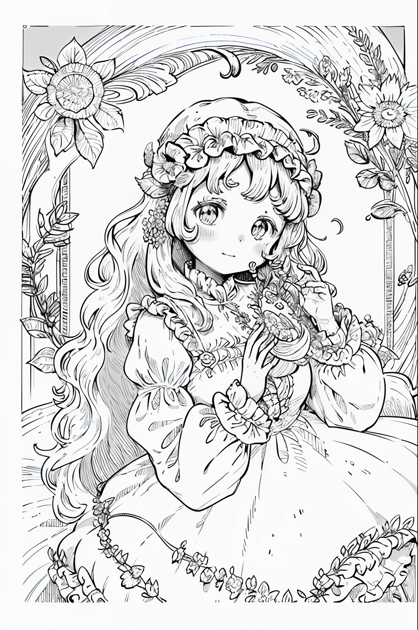 European women's face portrait, long curly hair, blonde, floral frame, decorative panel, abstract
Art by Alphonse Mucha, sketch, character lines and scenes, no color, no shadows, (no shadows))
(Masterpiece, Best Quality, Highres:1.4), Detailed, Intricate Details, 4K, color splashes, line art, fibonacci,