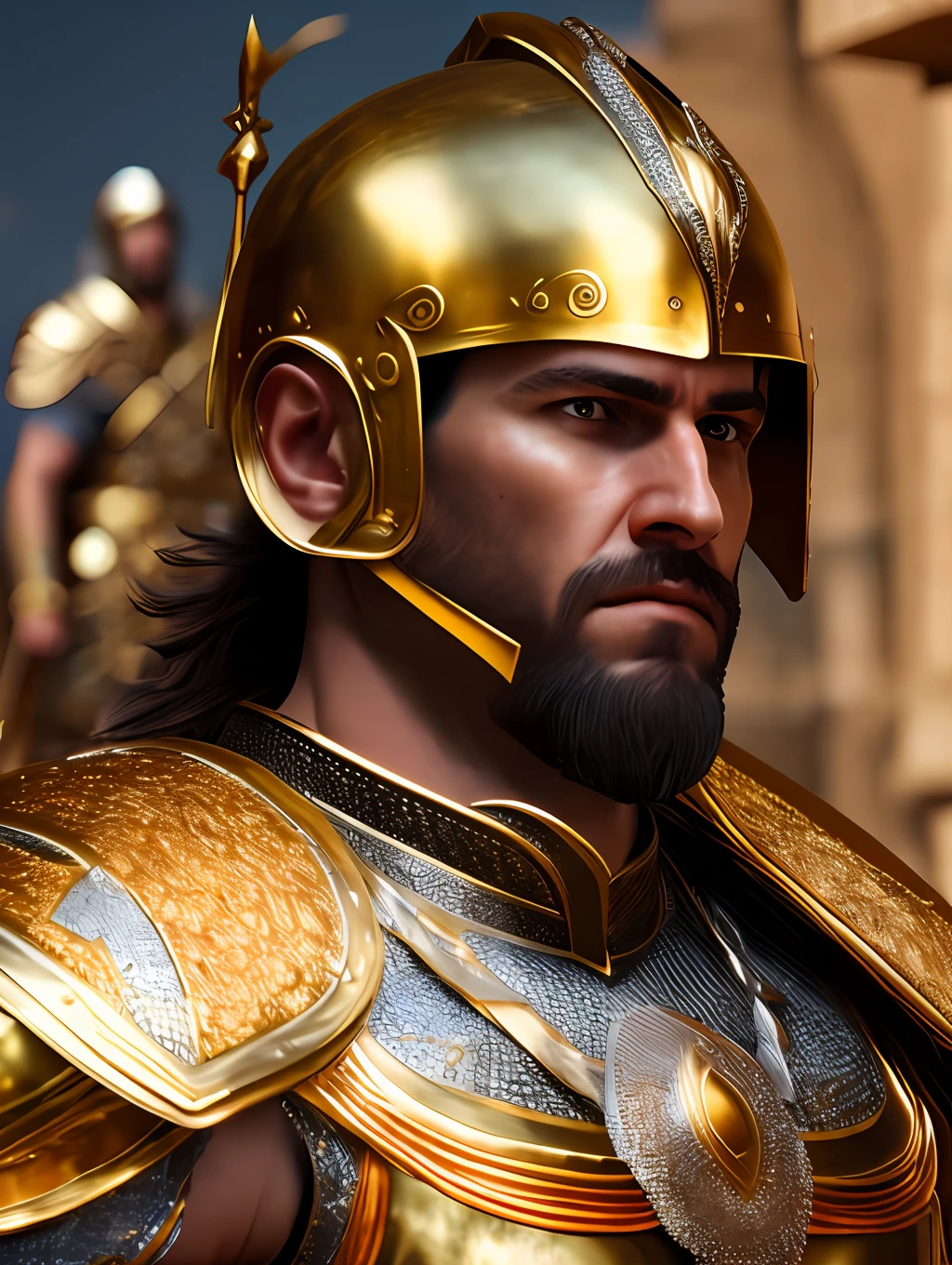 (Masterpiece) Create a ultrarealistic photograph of a character portrait of a man in a bronze Greek armor, bronze helmet, inspired by Theophanes the Greek, epic legends game icon, greek fantasy panorama, unreal - engine, golden bodypaint, athletic man in his 30s, clothed in ancient suit, shoulders can be seen, military helmet, greek ethnicity, in game render, movie still in the style of 300 movie, grotesque, fierce, tumblr contest winner, hurufiyya, renaissance painting, very strong and masculine, movie still, cinematic lighting. photograph, detailed symmetric realistic face, extremely detailed natural texture, peach fuzz, long hair, masterpiece, absurdres, nikon d850 film stock photograph, kodak portra 400 camera f1.6 lens, extremely detailed, amazing, fine detail, hyper realistic lifelike texture, dramatic lighting, unrealengine, trending on artstation, cinestill 800 tungsten, looking at the viewer, photo realistic, RAW photo, TanvirTamim, high quality, highres, sharp focus, extremely detailed, cinematic lighting, 8k uhd,-imagine-