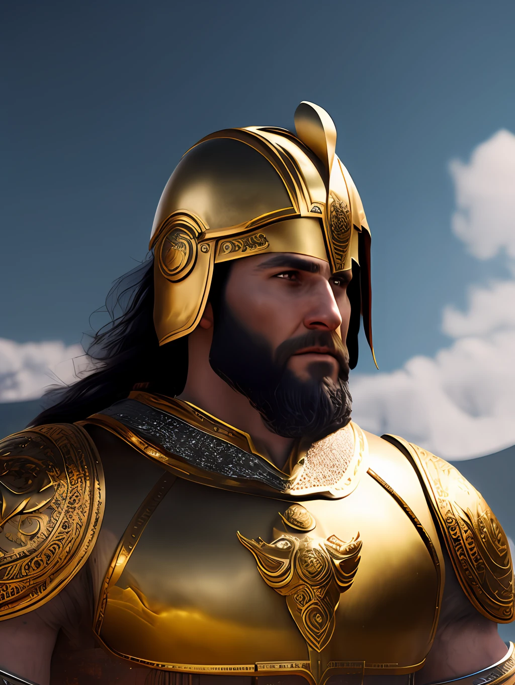 (Masterpiece) Create a ultrarealistic photograph of a character portrait of a man in a bronze Greek armor, bronze helmet, inspired by Theophanes the Greek, epic legends game icon, greek fantasy panorama, unreal - engine, golden bodypaint, athletic man in his 30s, clothed in ancient suit, shoulders can be seen, military helmet, greek ethnicity, in game render, movie still in the style of 300 movie, grotesque, fierce, tumblr contest winner, hurufiyya, renaissance painting, very strong and masculine, movie still, cinematic lighting. photograph, detailed symmetric realistic face, extremely detailed natural texture, peach fuzz, long hair, masterpiece, absurdres, nikon d850 film stock photograph, kodak portra 400 camera f1.6 lens, extremely detailed, amazing, fine detail, hyper realistic lifelike texture, dramatic lighting, unrealengine, trending on artstation, cinestill 800 tungsten, looking at the viewer, photo realistic, RAW photo, TanvirTamim, high quality, highres, sharp focus, extremely detailed, cinematic lighting, 8k uhd,-imagine-