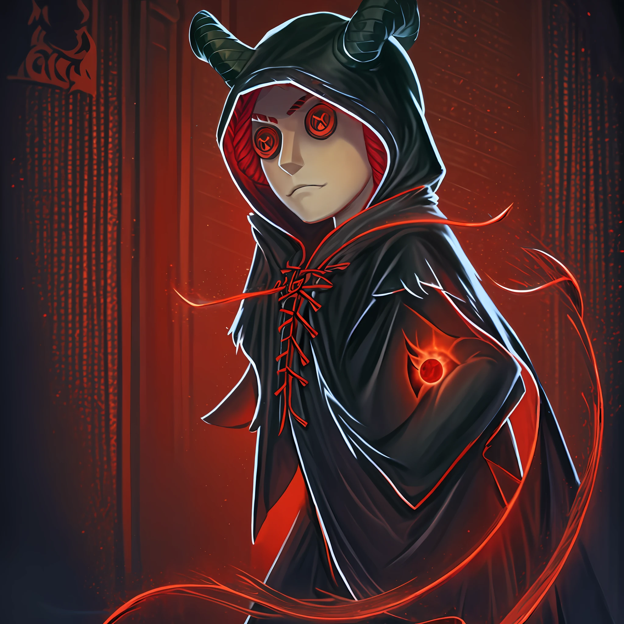 Masterpiece, high quality, young boy, black dress, cloak with hood, two horns from hood, red hair, facing forward, looking at camera, full body, center of the screen