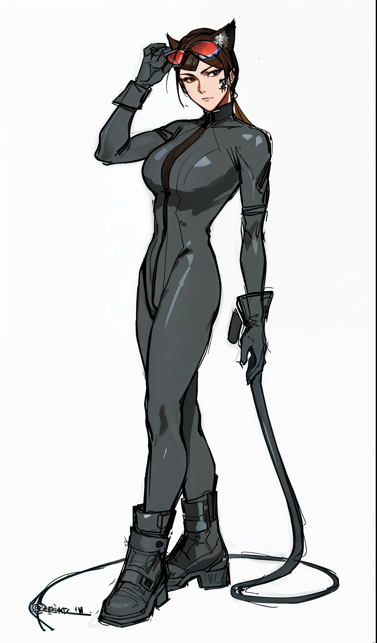 a drawing of a woman in a cat suit with a cat tail, full body concept, attractive androgynous humanoid, female full body, detailed full body concept, full body illustration, full body character drawing, aeon flux style, detailed full body concept art, full body concept art, full body close-up shot, full body;, villain pose