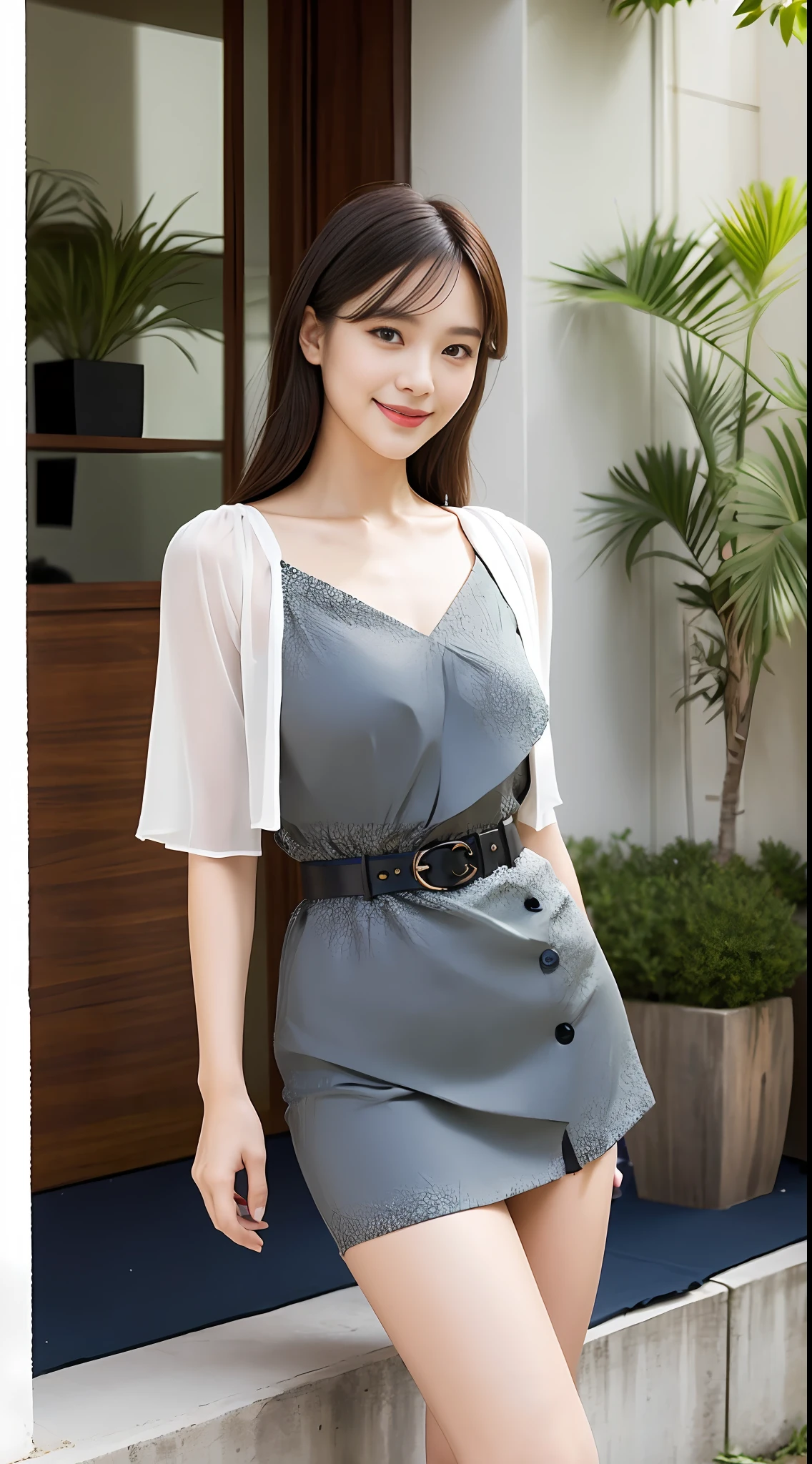 1 Chinese girl, 155 cm, hyper-relastic, smiling, standing, highly detailed, perfect face, awesome body, sexy thighs, perfect feet, hyper-realistic, realistic, soft light, high quality, volumetric light, cinematic light effects, sneak peek, photo, high resolution, original photo, perfect lighting, focus: full body: 1.8, full body shot: vista: 1.9. Imagination, creativity, thinking, personality, being different, this is a brand new product, only in the sky, people can only see here, nowhere else. Fabric selection: Breathable and lightweight chiffon fabric with a soft texture and a pleasant touch.
Placket design: V-neckline (minimum proportion of the neckline) design to show off the collarbone and bust line to highlight the sexiness, while the slim fit highlights the advantages of the figure.
Detailing: Asymmetrical design, you can use special-shaped cuts or extended decorations at the hem of the clothes to increase the sense of fashion.
Main color: the whole is light or pearl white as the main color, can be matched with dark coats and heels, simple and generous, can highlight the dignified temperament of women.
Belt design: Design a fringe-style belt at the waist, echoing the skirt, raising the fashion of the overall wear, and can effectively modify the figure to create a glamorous charm.
Omit design: Omit excessive embellishments at the cuffs and neckline to create a simple and elegant style with a unique brand character.
Celebrity temperament: Through the curved and slim design, highlight the advantages of women's figure, and at the same time use silk fabric as the lining material, exuding a sense of quality and celebrity temperament.
Age-reducing design: Add a bow or ruffle detail to the hem to create a relaxed and natural sense of vitality for an age-reducing effect.
Gentle femininity: Starting with fabrics and cuts, focus on creating comfort and smooth lines to express feminine femininity.
Hopefully, the above design solutions can meet your needs, and th