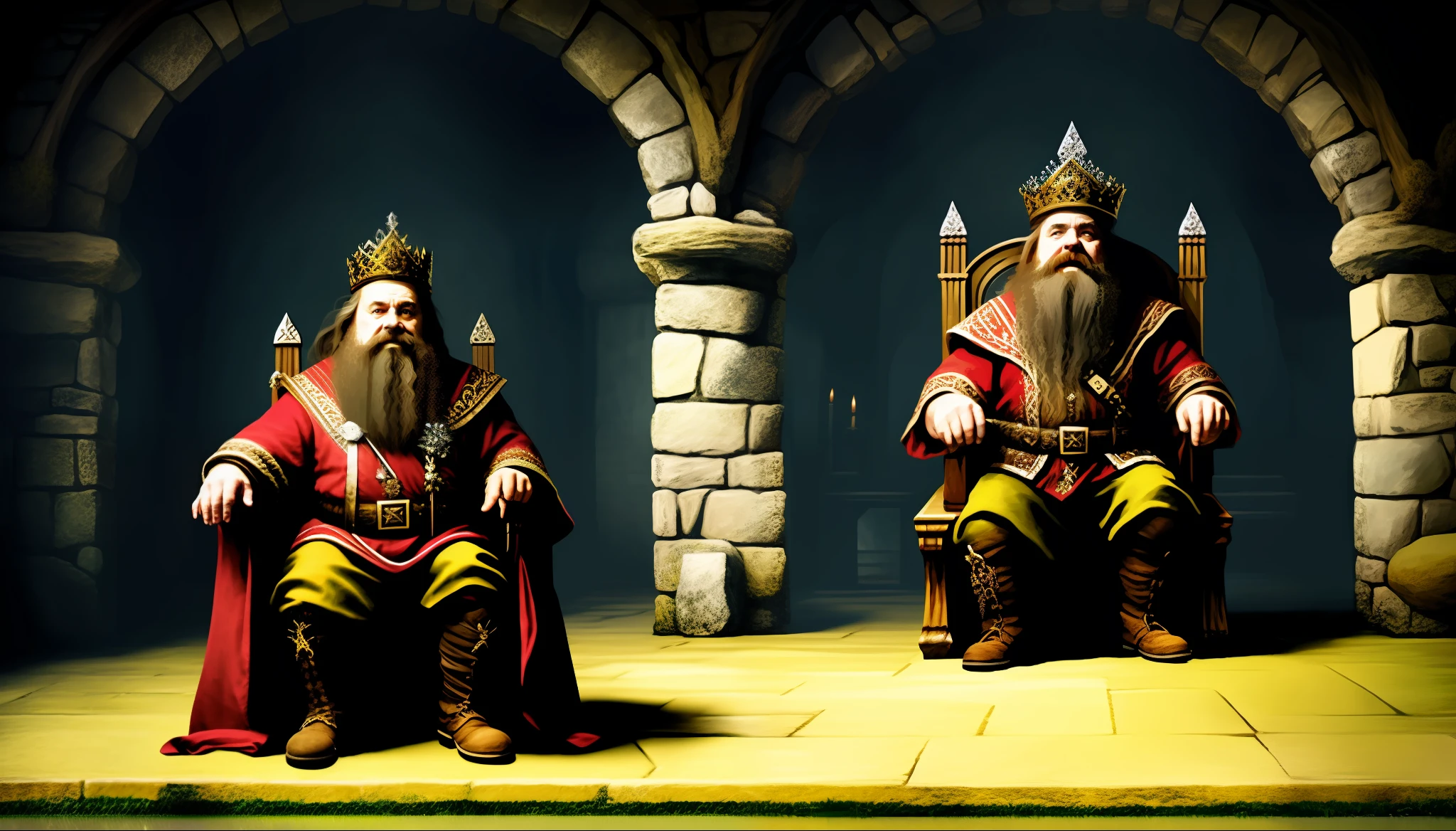 Dwarf king, dnd, sitting on the throne, inside a castle, artistic drawing, long beard
