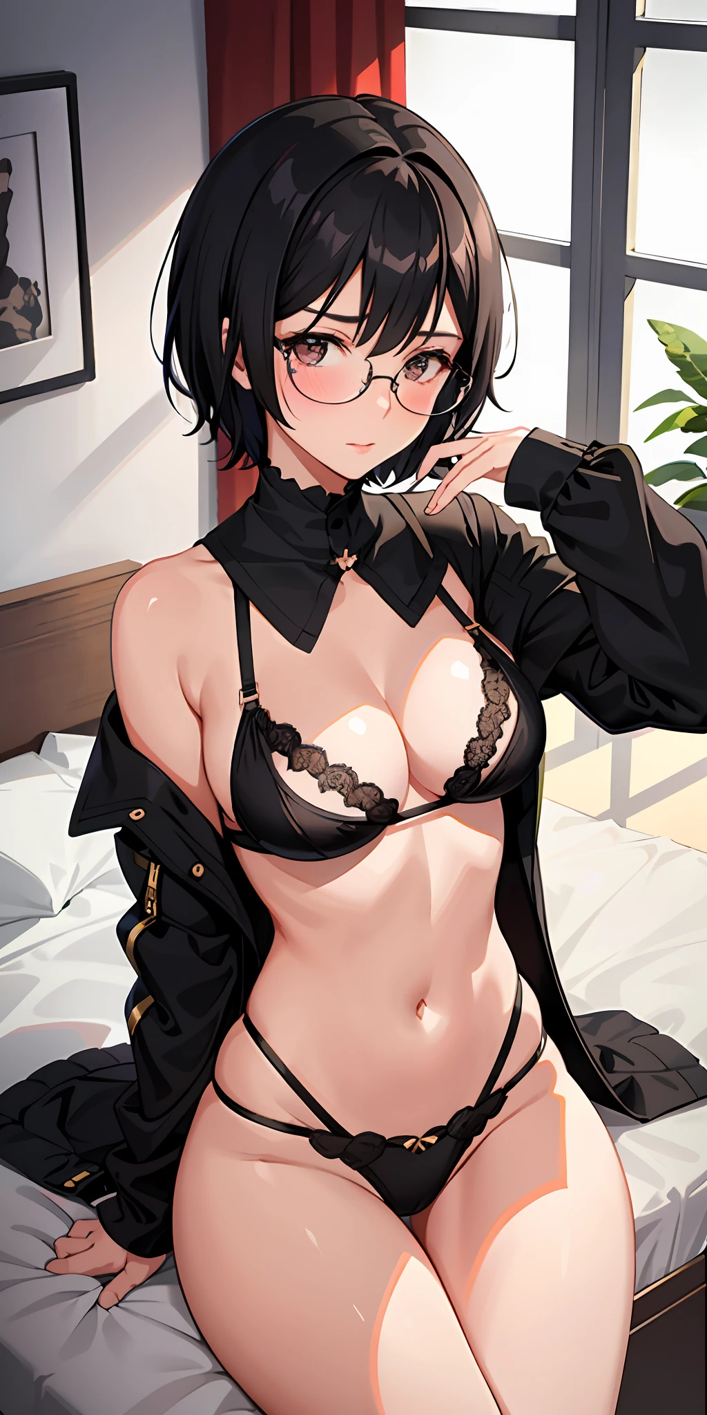 1 girl, black short hair, glasses, wear a string bra, g string, big breast,tight legs,long legs,blush face,seductif,dynamic pose,on the bed,her index finger cover her
