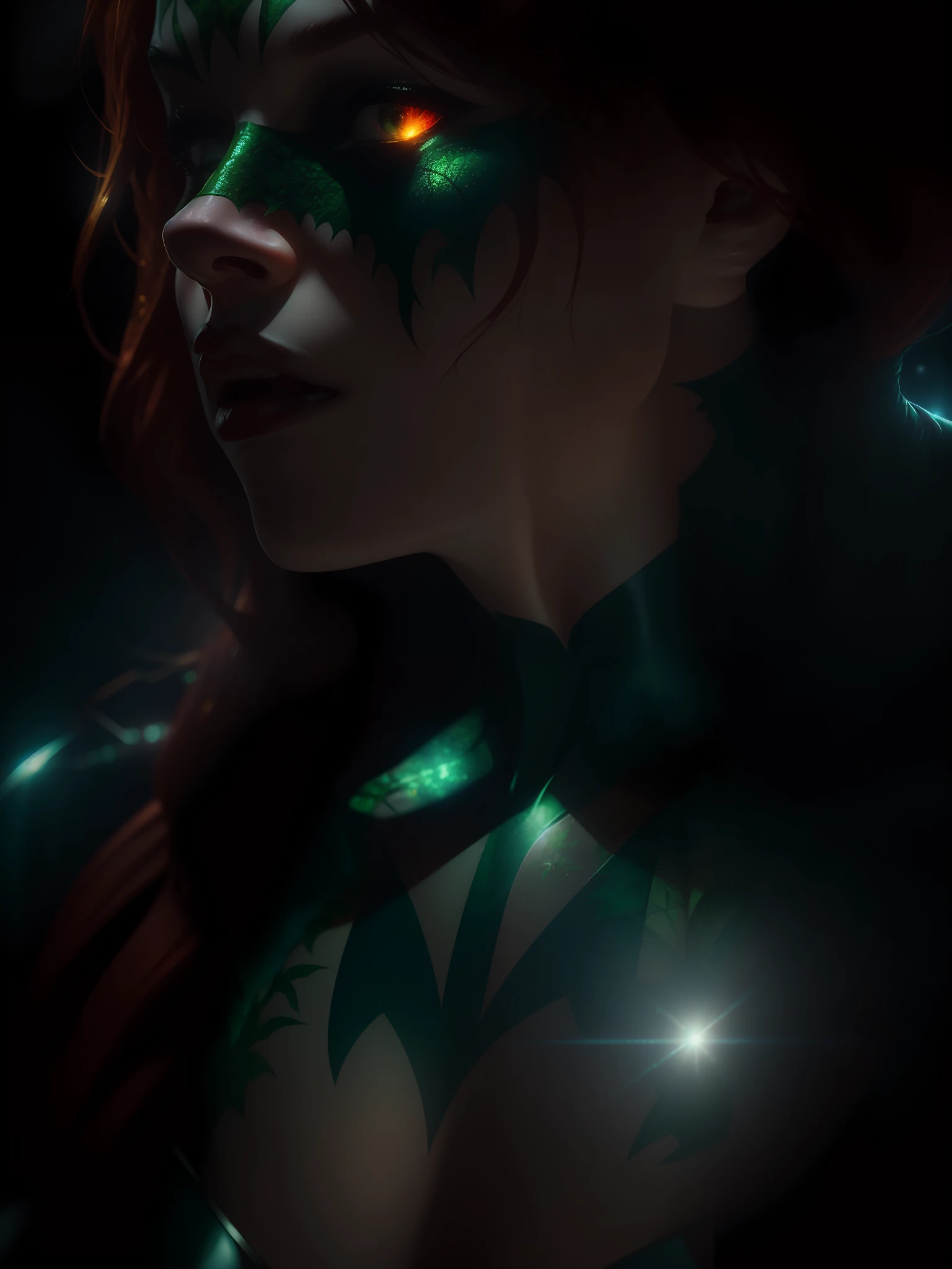 Movie scene, Poison Ivy from DC close-up shot, distorted space, distorted undead in the background, lens flares, light shafts, intricate details, high detailed, volumetric lighting, 4k rendering, stock photo, hyperrealistic, realistic textures, dramatic lighting, Unreal Engine