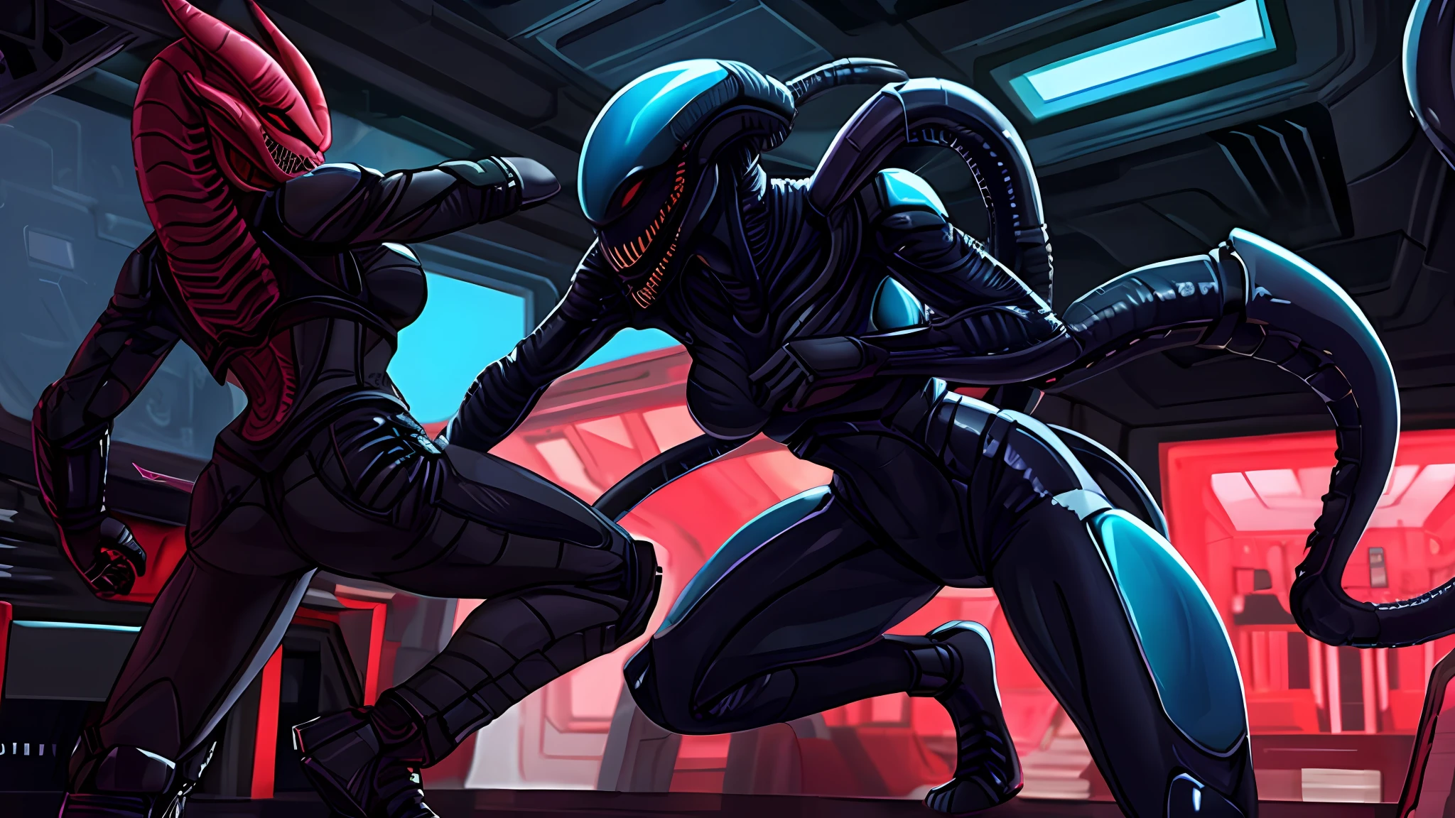 a woman fighting with a xenomorphic alien