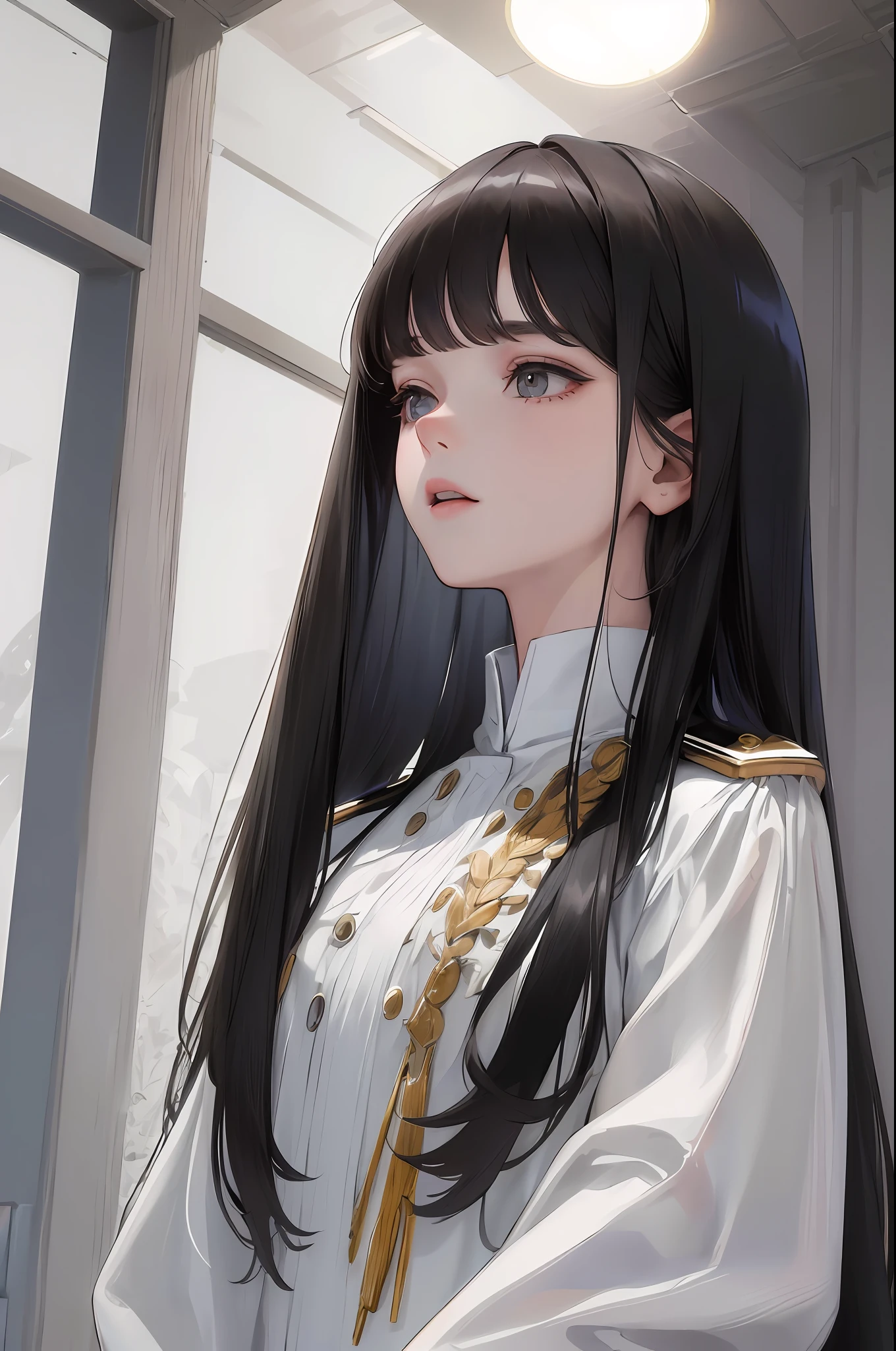 (highest resolution, distinct_image) the best quality, woman, masterpiece, high detail, realism, black hair, bangs, straight long hair, mature, white clothes, white uniform, military academy beauty, heroic posture, interior background, exquisite facial features, super high resolution, cinematic texture, complete five fingers, light and shadow effects
