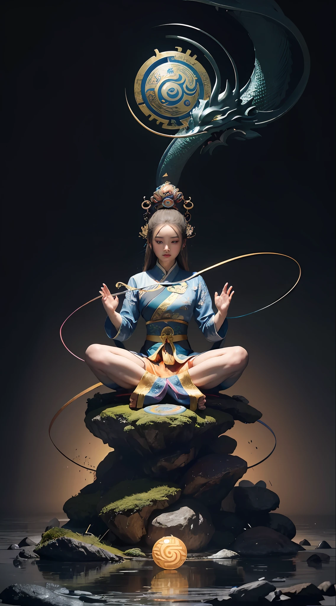 (harmony, balance, yin-yang), Chinese silk painting, Tai Chi principles, fluid motion, interconnected elements, the interplay of contrasting forces, Daoist philosophy, a touch of the I Ching, warm and cool color palette, reflective art, inspired by Laozi, Zhuangzi, Yin Yang diagrams, Taijitu, the Bagua, the fusion of the spiritual and the physical,1girl,solo, grabbing breasts,, daoist, summon magic, cinematic lighting, fire and ice split, bagua background, circular bagua, yi yang, daoist practice, mediation sit, buddha sit, spiral loong, cloud loong at the top,