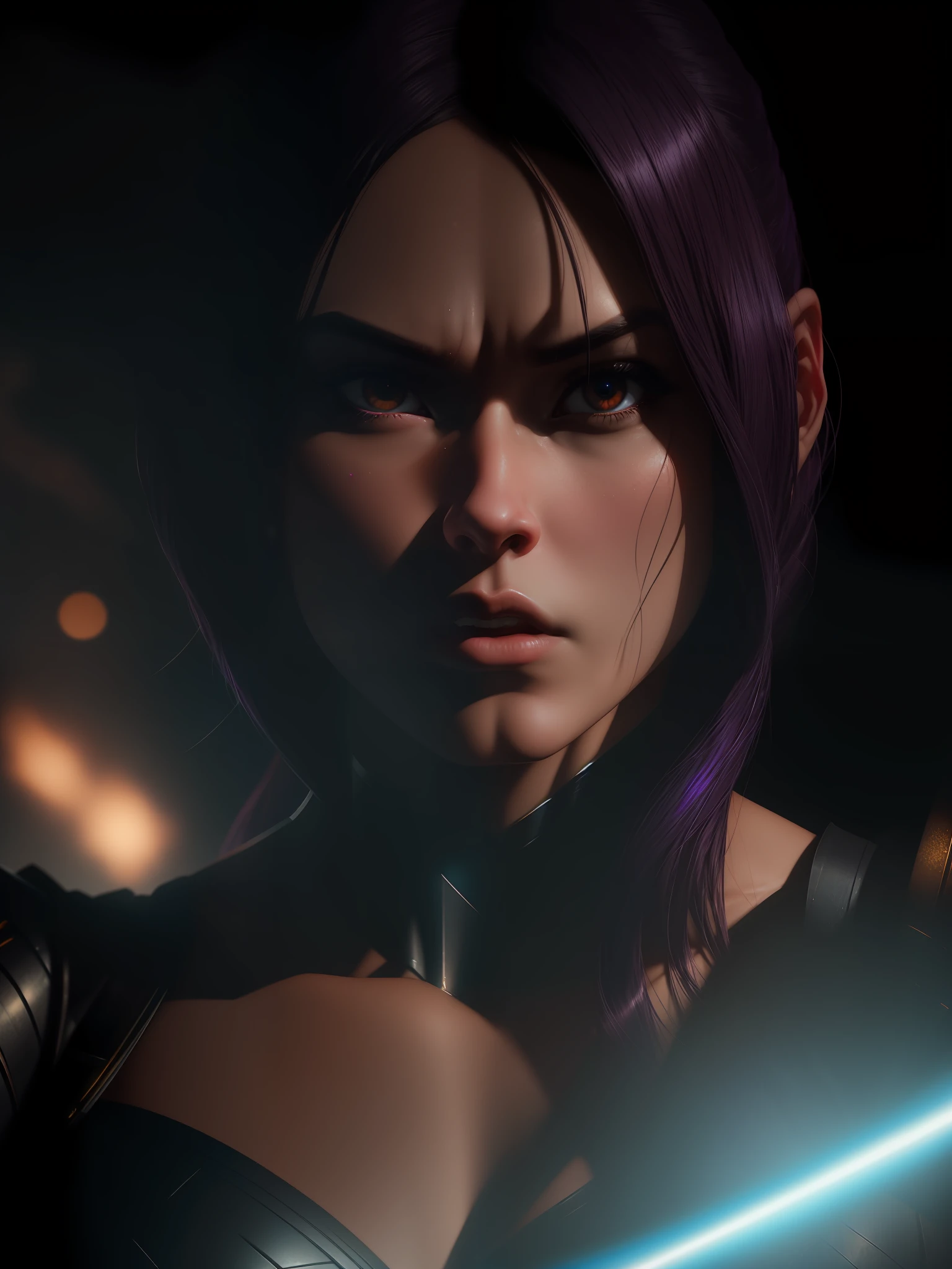 Scene from Movie, Psylocke from Marvel Close-Up, Distorted Space, Distorted Undead in the Background, Lens Flares, Light Shafts, Intricate Details, High Detailed, Volumetric Lighting, 4k Rendering, Stock Photo, Hyper-Realistic, Realistic Textures, Dramatic Lighting, Unreal Engine