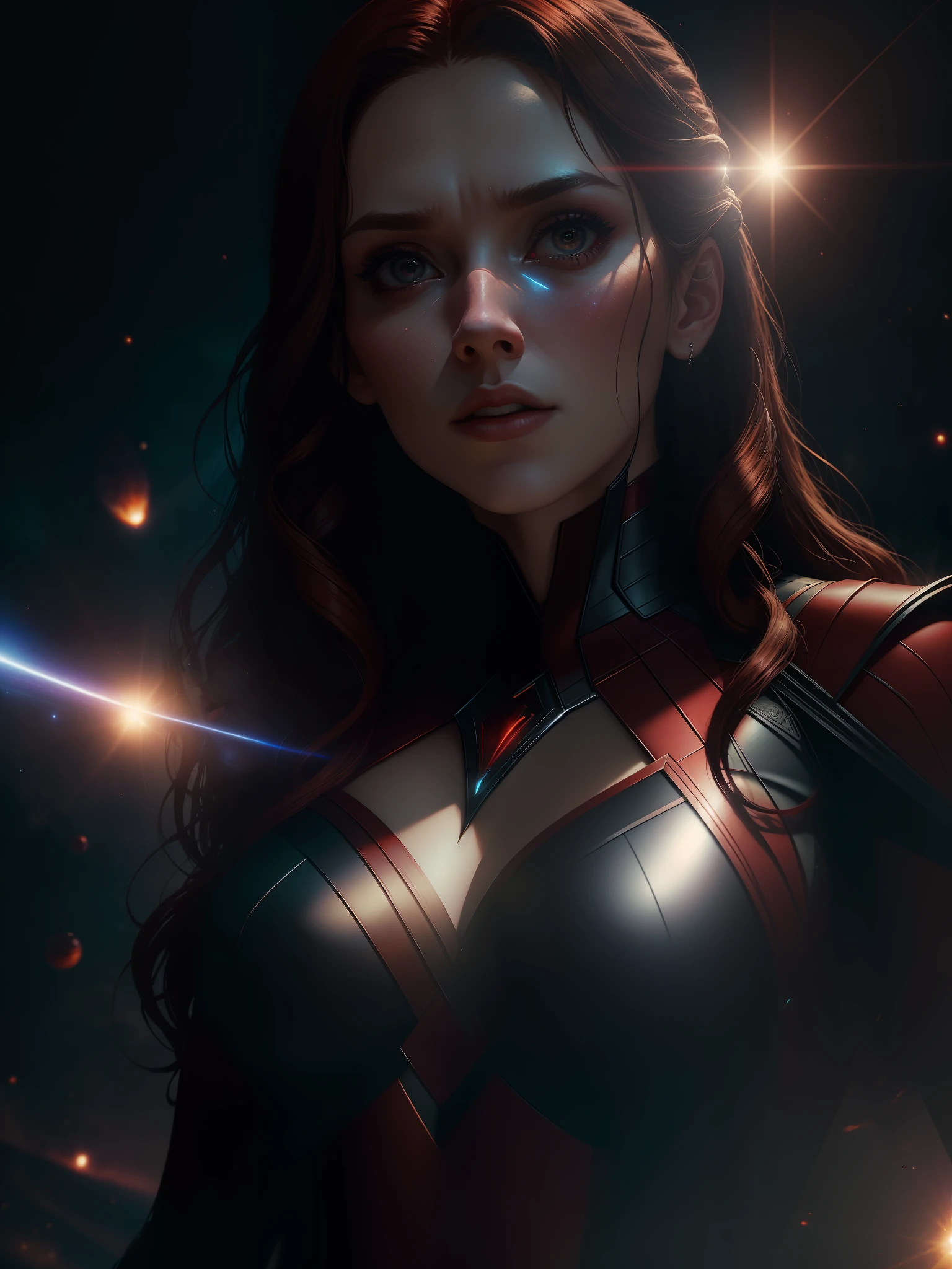 Scene from Movie, Scarlet Witch from Marvel Close-Up Shot, Distorted Space, Distorted Undead in the Background, Lens Flares, Light Shafts, Intricate Details, High Detailed, Volumetric Lighting, 4k Rendering, Stock Photo, Hyper Realistic, Realistic Textures, Dramatic Lighting, Unreal Engine