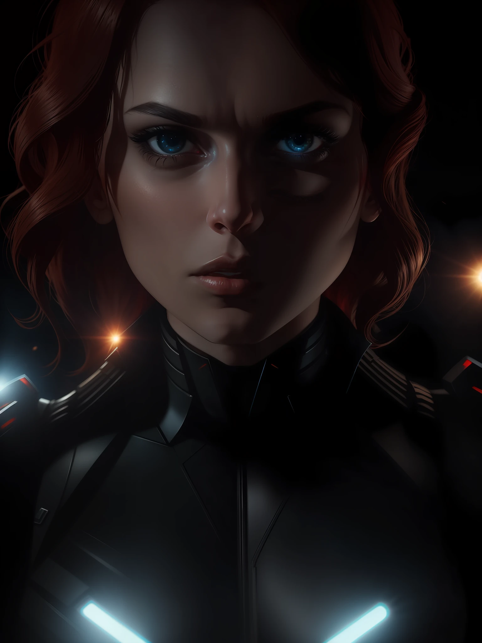 Movie scene, Black Widow from Marvel close-up shot, distorted space, distorted undead in the background, lens flares, light shafts, intricate details, highly detailed, volumetric lighting, 4k rendering, stock photo, hyperrealistic, realistic textures, dramatic lighting, Unreal Engine