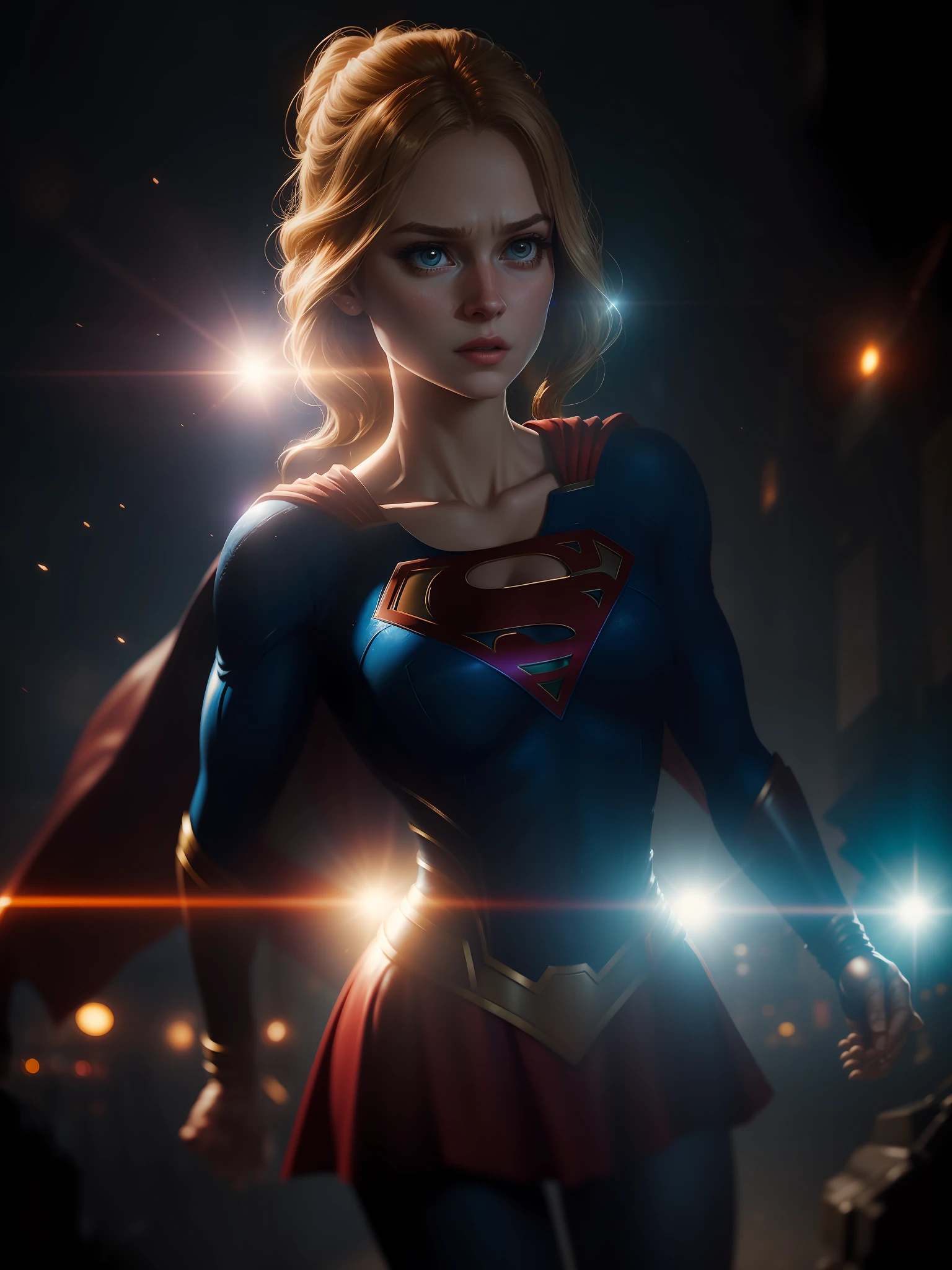 Movie scene, Supergirl from DC close-up shot, distorted space, distorted undead in the background, lens flares, light shafts, intricate details, highly detailed, volumetric lighting, 4k rendering, stock photo, hyperrealistic, realistic textures, dramatic lighting, Unreal Engine