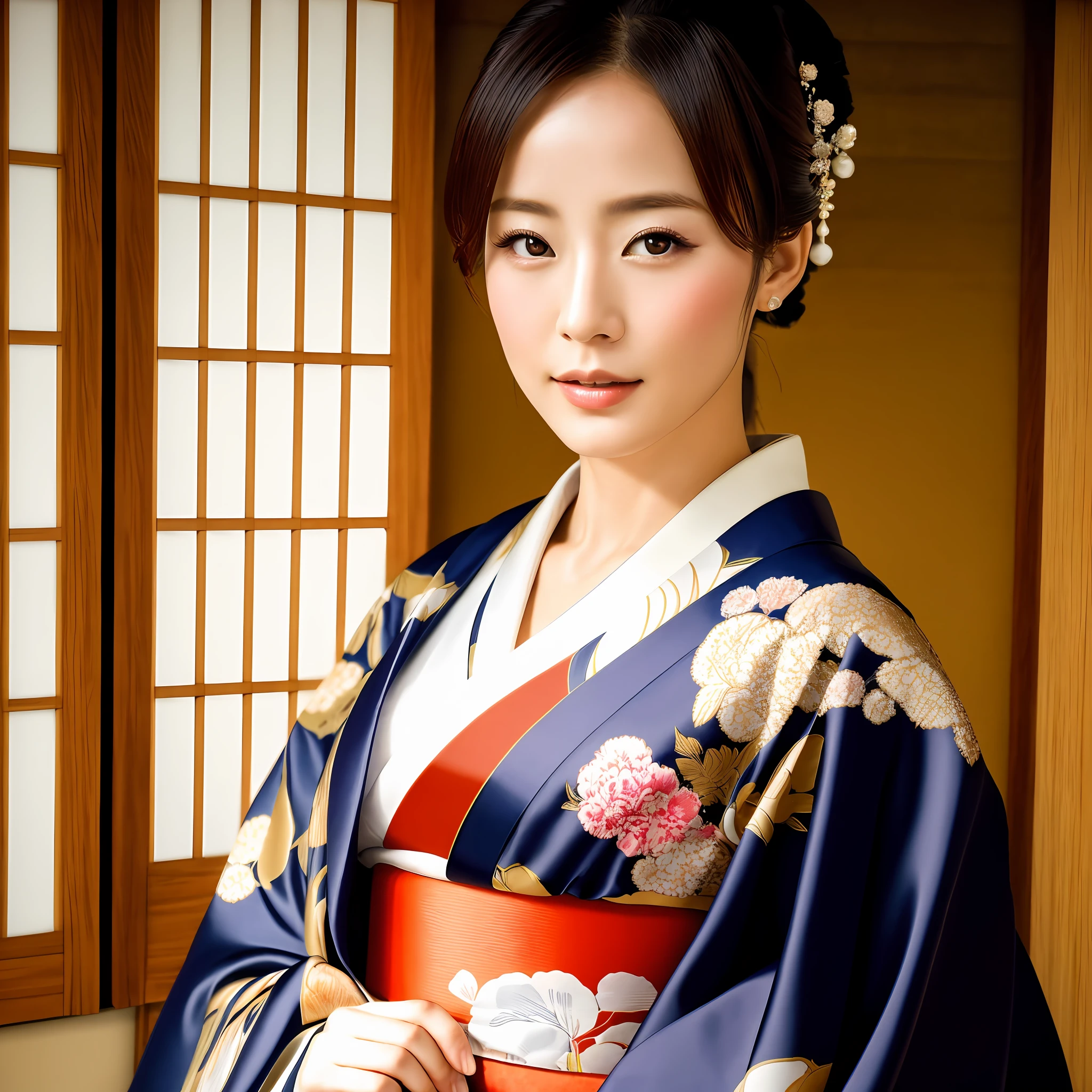 Best quality, masterpiece, ultra high res, portrait, (photorealistic:1.4), raw photo,elegant Japan woman, wearing kimono, Japan kimono, Japan model, kimono