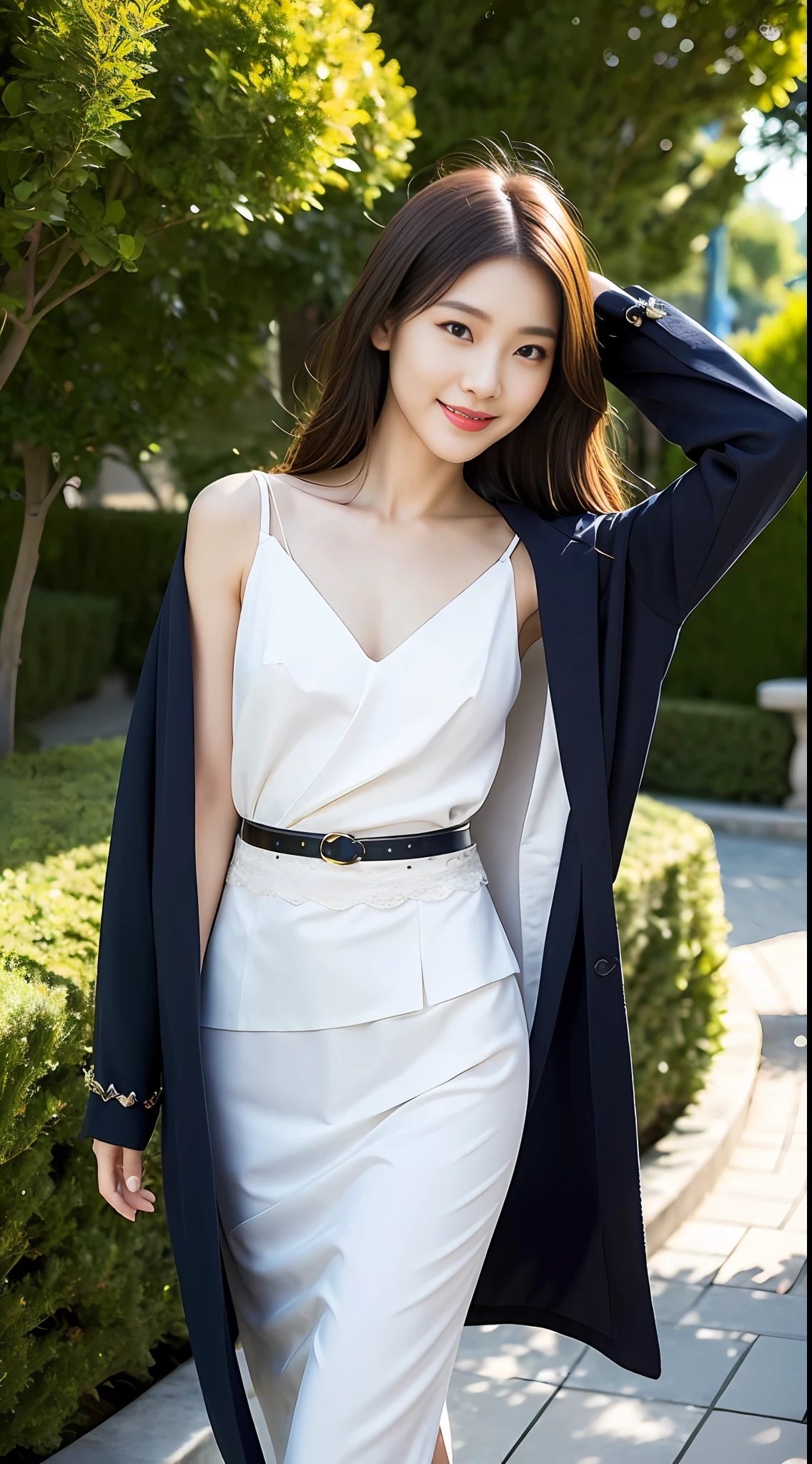 1 Chinese girl, 155 cm, hyper-relastic, smiling, standing, highly detailed, perfect face, awesome body, sexy thighs, perfect feet, hyper-realistic, realistic, soft light, high quality, volumetric light, cinematic light effects, sneak peek, photo, high resolution, original photo, perfect lighting, focus: full body: 1.8, full body shot: vista: 1.9. Imagination, creativity, thinking, personality, being different, this is a brand new product, only in the sky, people can only see here, nowhere else. Fabric selection: Breathable and lightweight chiffon fabric with a soft texture and a pleasant touch.
Placket design: V-neckline (minimum proportion of the neckline) design to show off the collarbone and bust line to highlight the sexiness, while the slim fit highlights the advantages of the figure.
Detailing: Asymmetrical design, you can use special-shaped cuts or extended decorations at the hem of the clothes to increase the sense of fashion.
Main color: the whole is light or pearl white as the main color, can be matched with dark coats and heels, simple and generous, can highlight the dignified temperament of women.
Belt design: Design a fringe-style belt at the waist, echoing the skirt, raising the fashion of the overall wear, and can effectively modify the figure to create a glamorous charm.
Omit design: Omit excessive embellishments at the cuffs and neckline to create a simple and elegant style with a unique brand character.
Celebrity temperament: Through the curved and slim design, highlight the advantages of women's figure, and at the same time use silk fabric as the lining material, exuding a sense of quality and celebrity temperament.
Age-reducing design: Add a bow or ruffle detail to the hem to create a relaxed and natural sense of vitality for an age-reducing effect.
Gentle femininity: Starting with fabrics and cuts, focus on creating comfort and smooth lines to express feminine femininity.
Hopefully, the above design solutions can meet your needs, and th