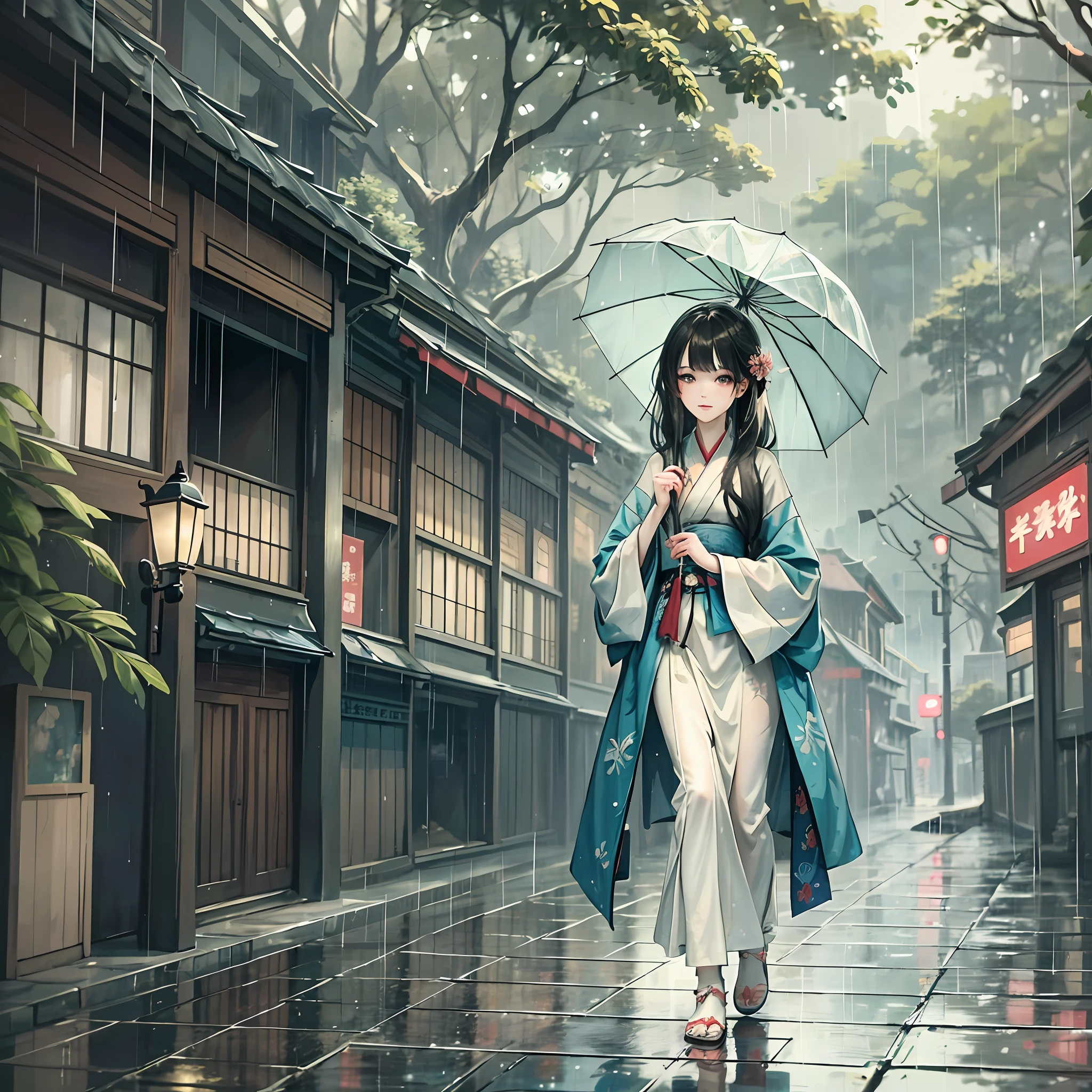 RAW photo, masterpiece, best quality, (1girl), walking in the rain, forest, holding an opened umbrella, outdoor, rainy day, happy, Hanfu, beautiful girl, messy hair
