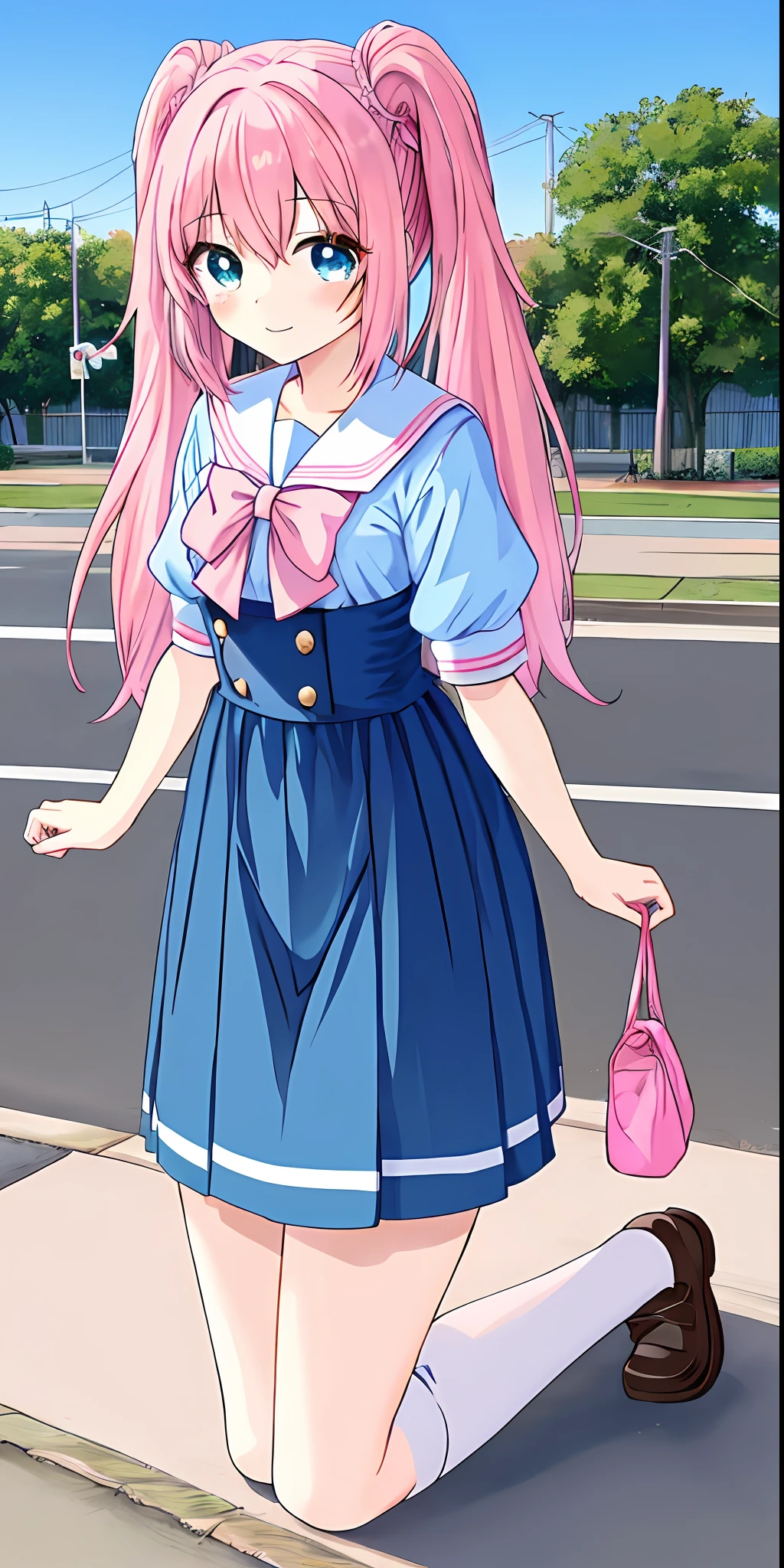 anime girl with pink hair and blue dress kneeling on the ground, (anime girl), anime girl with long hair, cute anime girl, pink twintail hair and cyan eyes, beautiful anime high school girl, anime girl named lucy, pretty anime girl, young anime girl, anime girl, cute anime, an anime girl, beautiful anime girl, realistic young anime girl