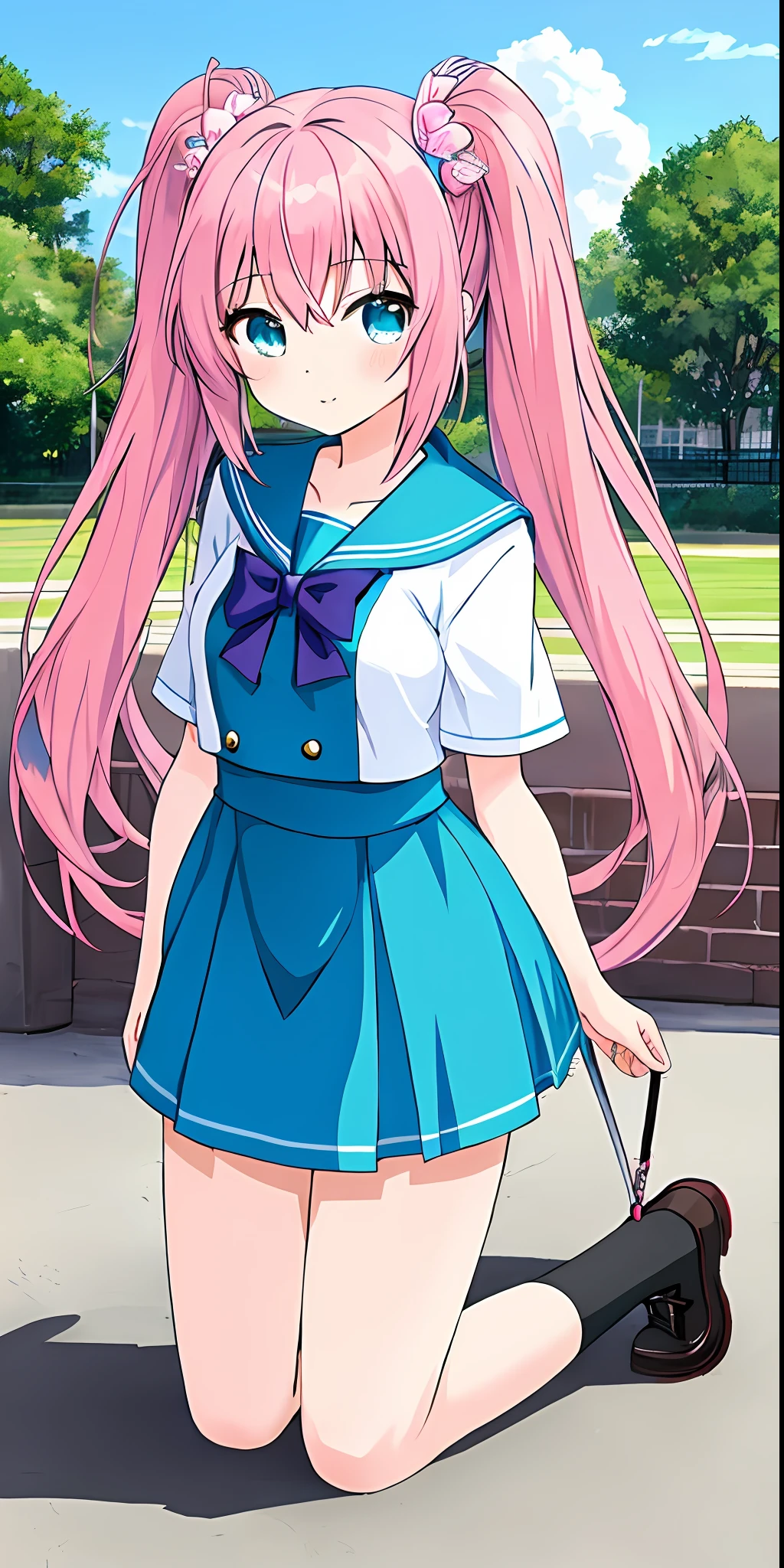 anime girl with pink hair and blue dress kneeling on the ground, (anime girl), anime girl with long hair, cute anime girl, pink twintail hair and cyan eyes, beautiful anime high school girl, anime girl named lucy, pretty anime girl, young anime girl, anime girl, cute anime, an anime girl, beautiful anime girl, realistic young anime girl