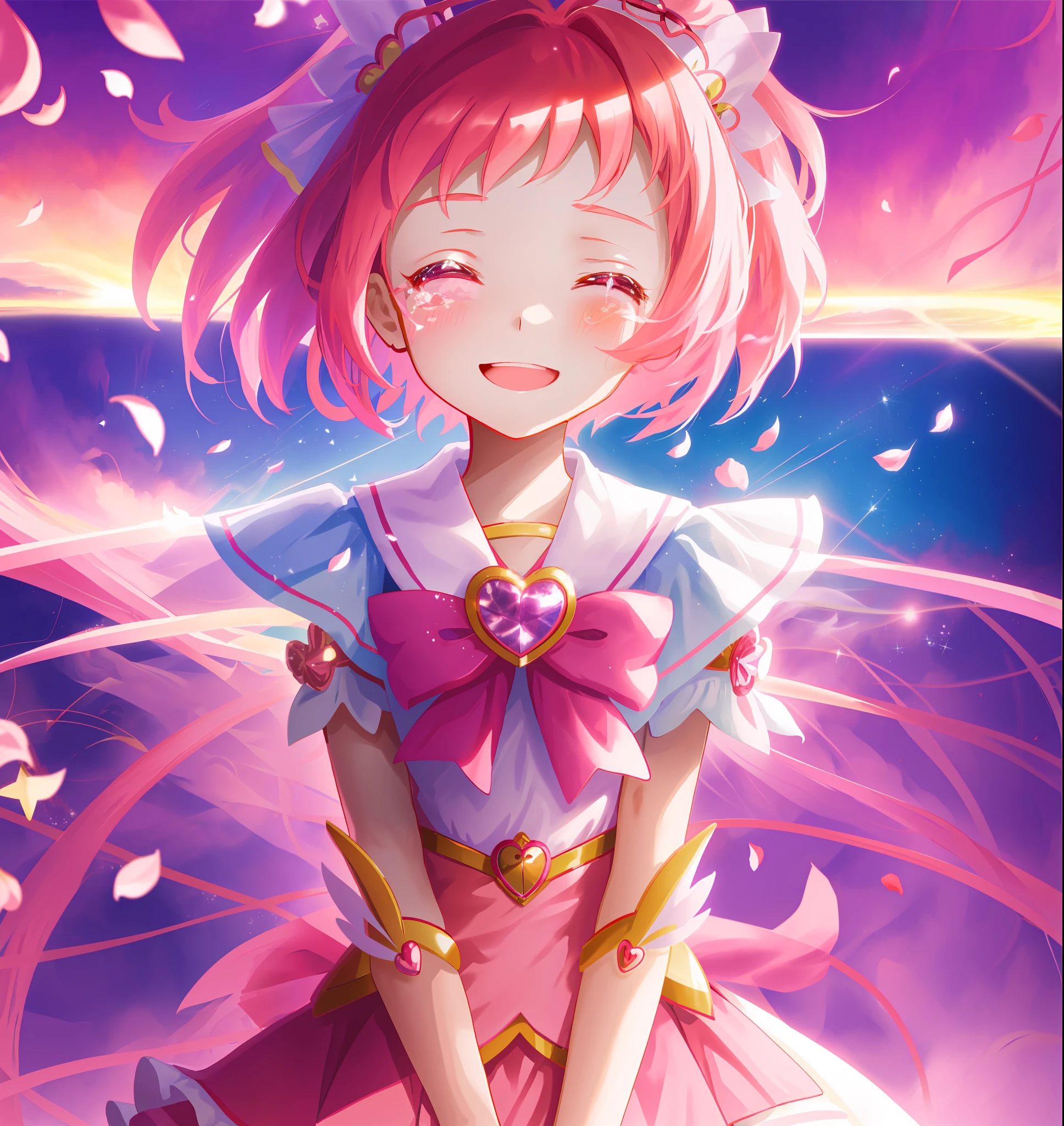 Anime girl with pink hair and a bow, Portrait of magical girl, Magical Girl Anime Mahou Shojo, Magical Girl, [[[Grinning Evily]]]], Sakura Petals around you, Sparkling Magical Girl, (Anime Girl), Anime girl with pink hair and blue eyes in a pink dress, portrait of magical girl, magical girl style, kurei mamika, magical girl,  Magical Anime Mahou Shojo Girl, Splash Art anime, Sparkling magical girl, Sakura petals around you, Anime Girl, crying girl, smile on face, heart wand on right hand, blue bow with pink heart in the middle, girl disintegrating into square particles, crying with happiness, eyes closed, tears falling from her face
