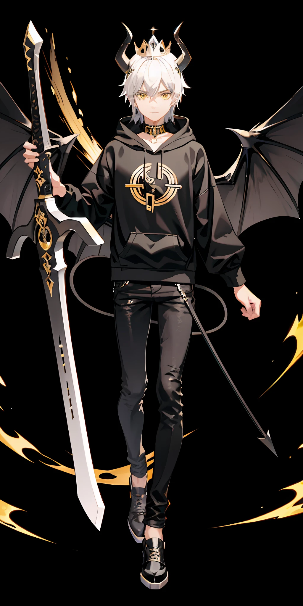 1 man,black and white hair,devil horn,devil wing,Hoodie,black jeans,bring a black sword,authoritative pose, yellow sapphire eyes,on the crown,black hole background