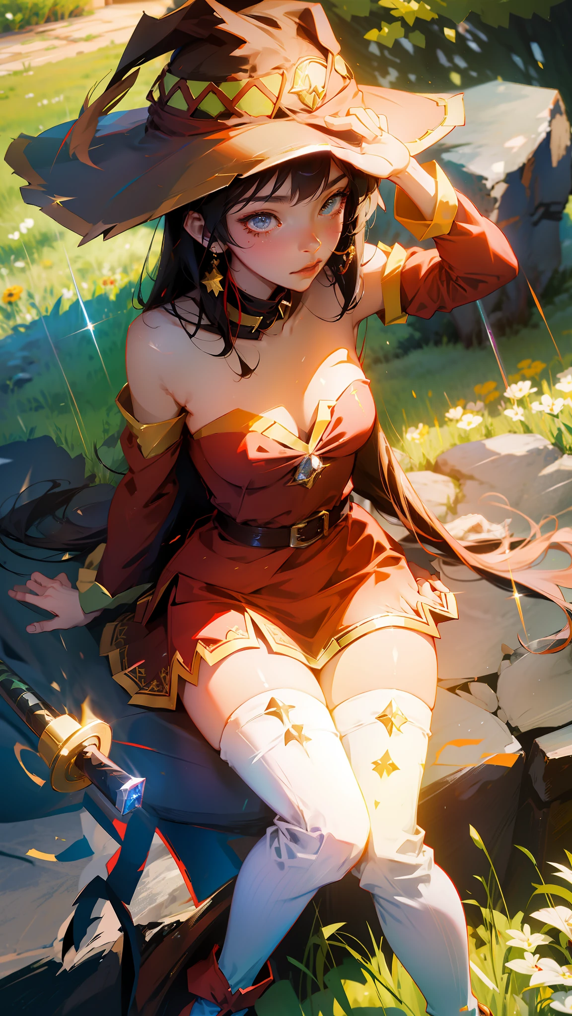 Anime Girl with a hat and a sword sitting on a stone wall, half summoner half Megumin, Megumin, Black - Haired Mage, Megumin of Konosuba, Extremely Detailed Artgerm, Krenz Cushart and Artgerm, Commission for High Res, Flirty Anime Witch Casting Magic, Range Murata and Artgerm, topless