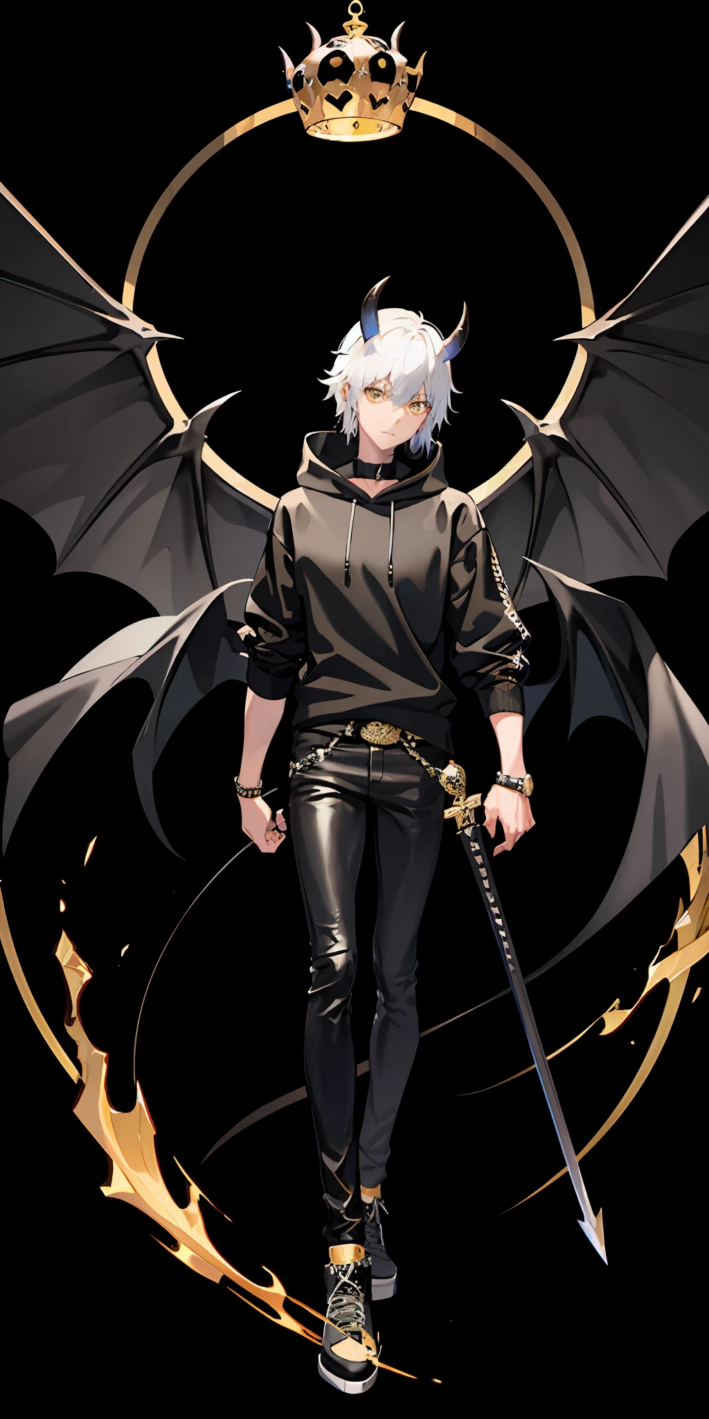 1 man,black and white hair,devil horn,devil wing,Hoodie,black jeans,bring a black sword,authoritative pose, yellow sapphire eyes,on the crown,black hole background