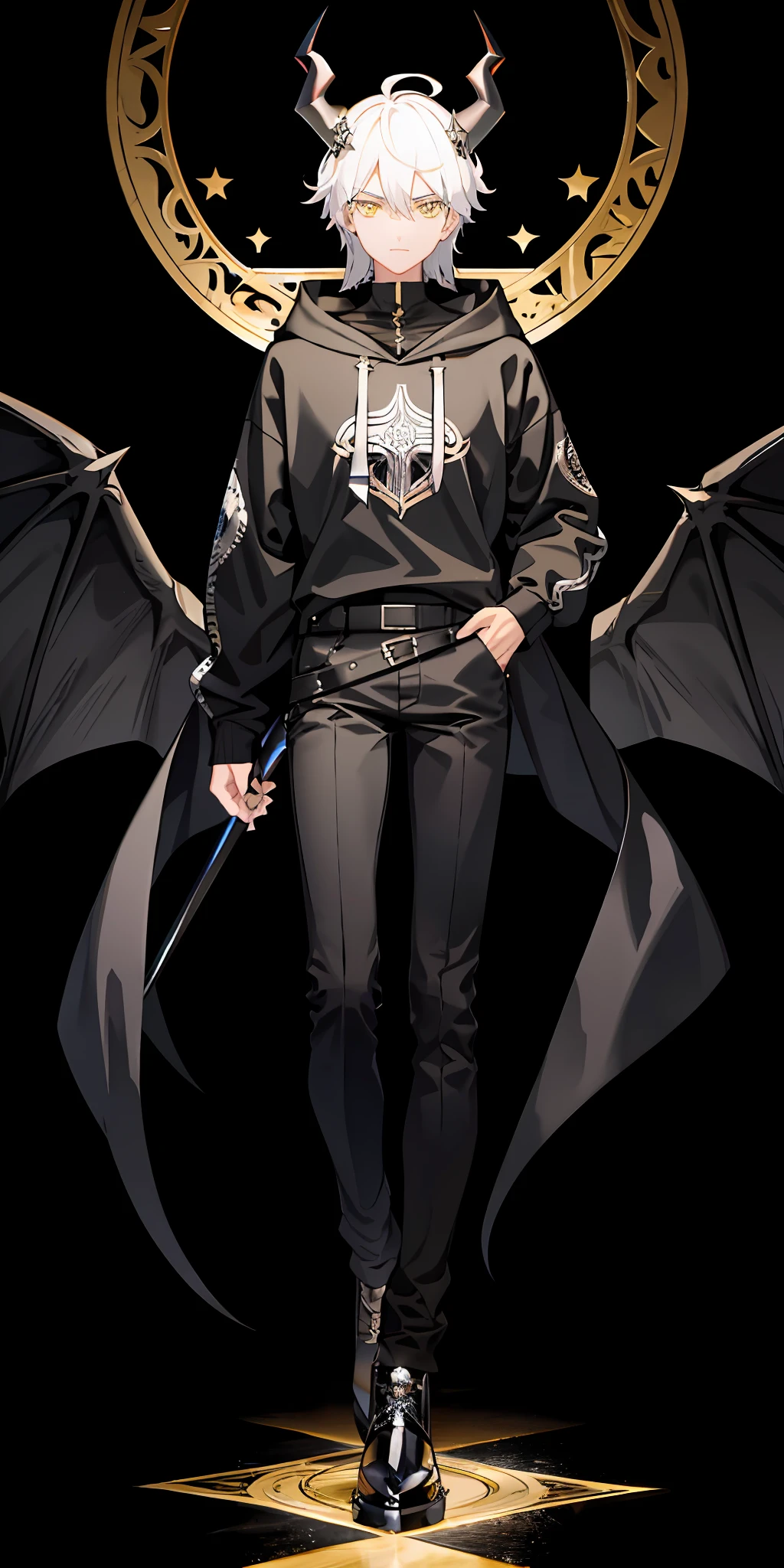 1 man,black and white hair,devil horn,devil wing,Hoodie,black jeans,bring a black sword,authoritative pose, yellow sapphire eyes,on the crown,black hole background