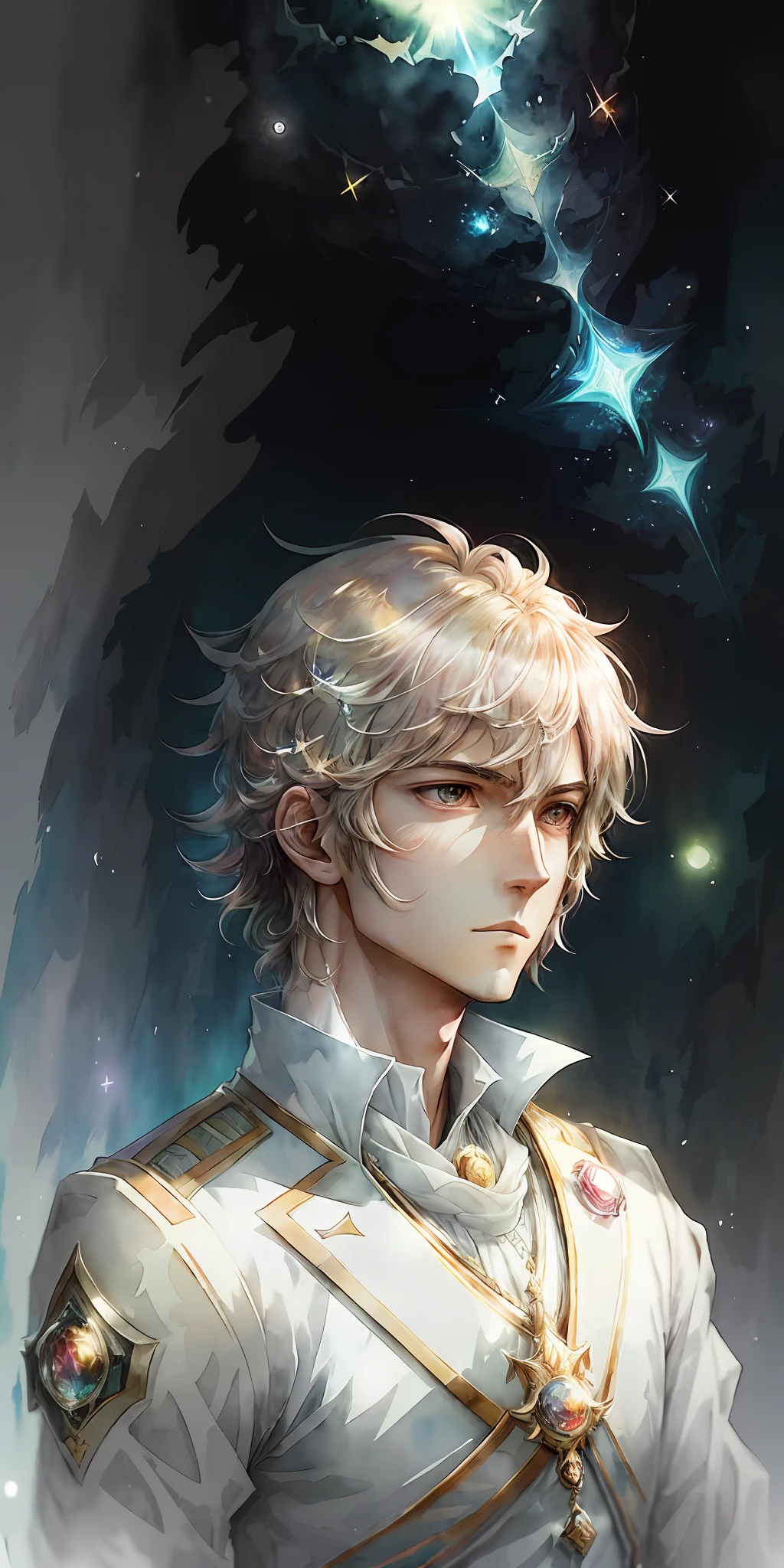 perfectly structured, (watercolor), digital illustration, anime style, the immaculate (prince of light:1.2), highly detailed, volumetric lighting, vibrant prismatic colors, dynamic composition, sharp and crisp image, delicate, sublime, beautiful beyond words