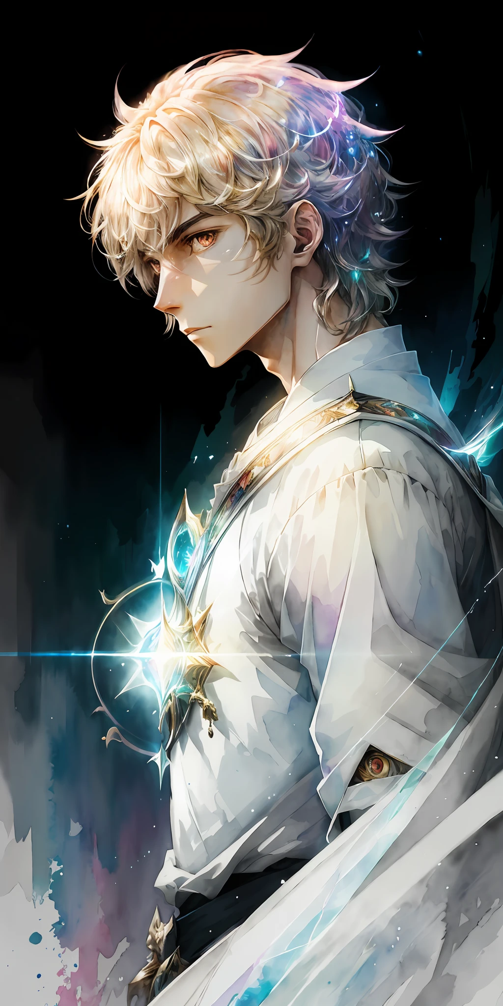 perfectly structured, (watercolor), digital illustration, anime style, the immaculate (prince of light:1.2), highly detailed, volumetric lighting, vibrant prismatic colors, dynamic composition, sharp and crisp image, delicate, sublime, beautiful beyond words