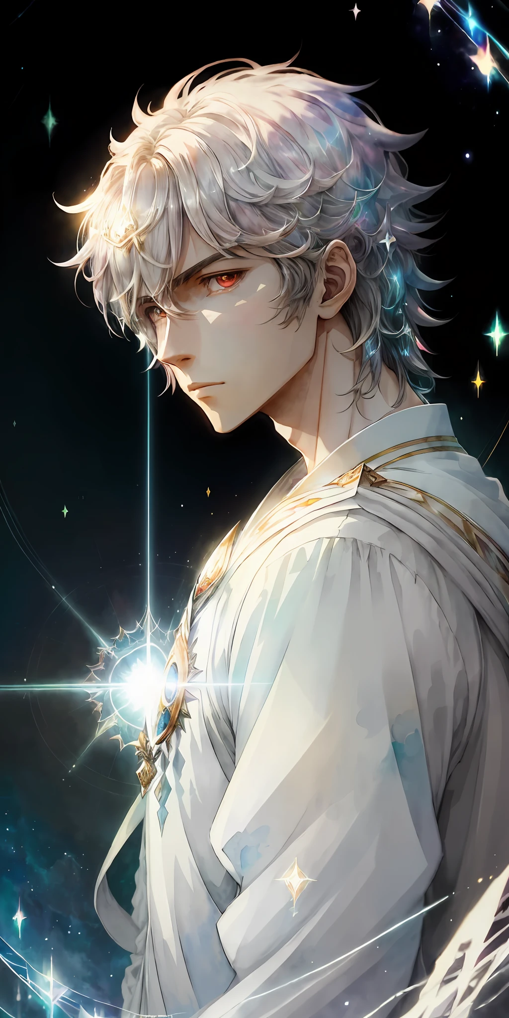 perfectly structured, (watercolor), digital illustration, anime style, the immaculate (prince of light:1.2), highly detailed, volumetric lighting, vibrant prismatic colors, dynamic composition, sharp and crisp image, delicate, sublime, beautiful beyond words