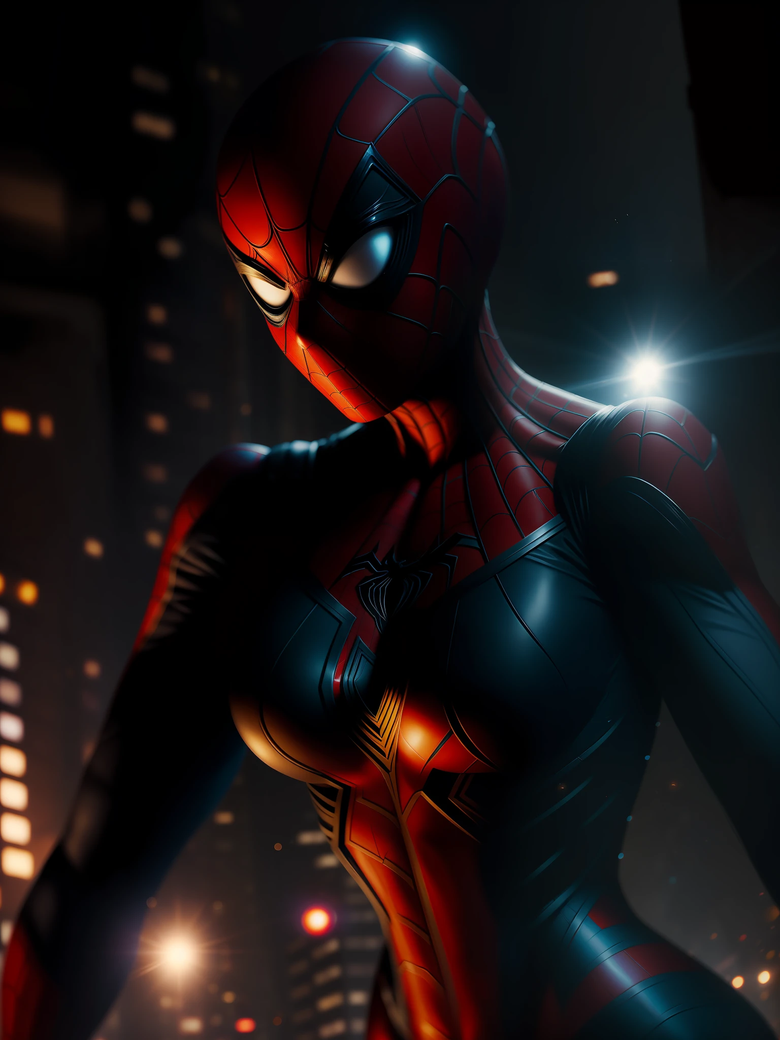 Movie scene, close-up shot of Woman dressed as Spider-Man from Marvel, distorted space, distorted undead in the background, lens flares, light shafts, intricate details, highly detailed, volumetric lighting, 4k rendering, stock photo, hyperrealistic, realistic textures, dramatic lighting, Unreal Engine