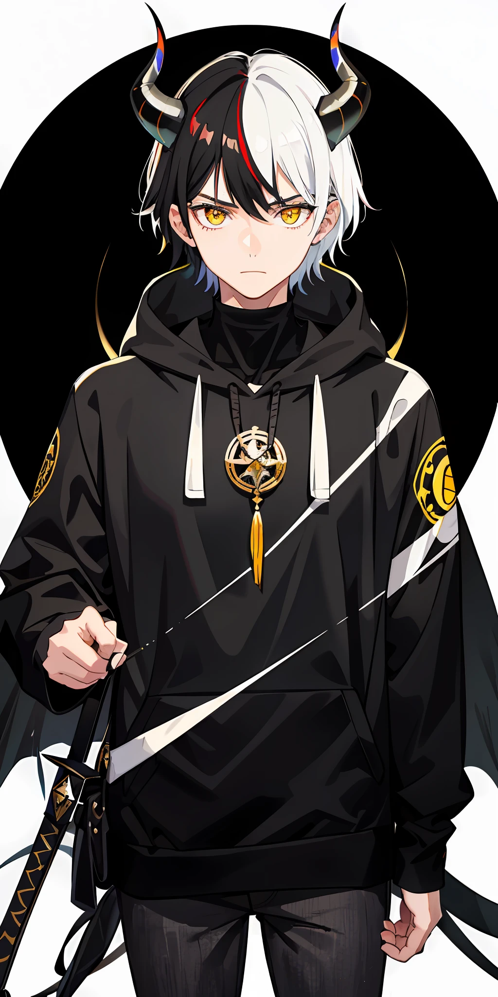 1 man,black and white hair,devil horn,devil wing,Hoodie,black jeans,bring a black sword,authoritative pose, yellow sapphire eyes,on the crown,black hole background,multicolored hair(white,black)