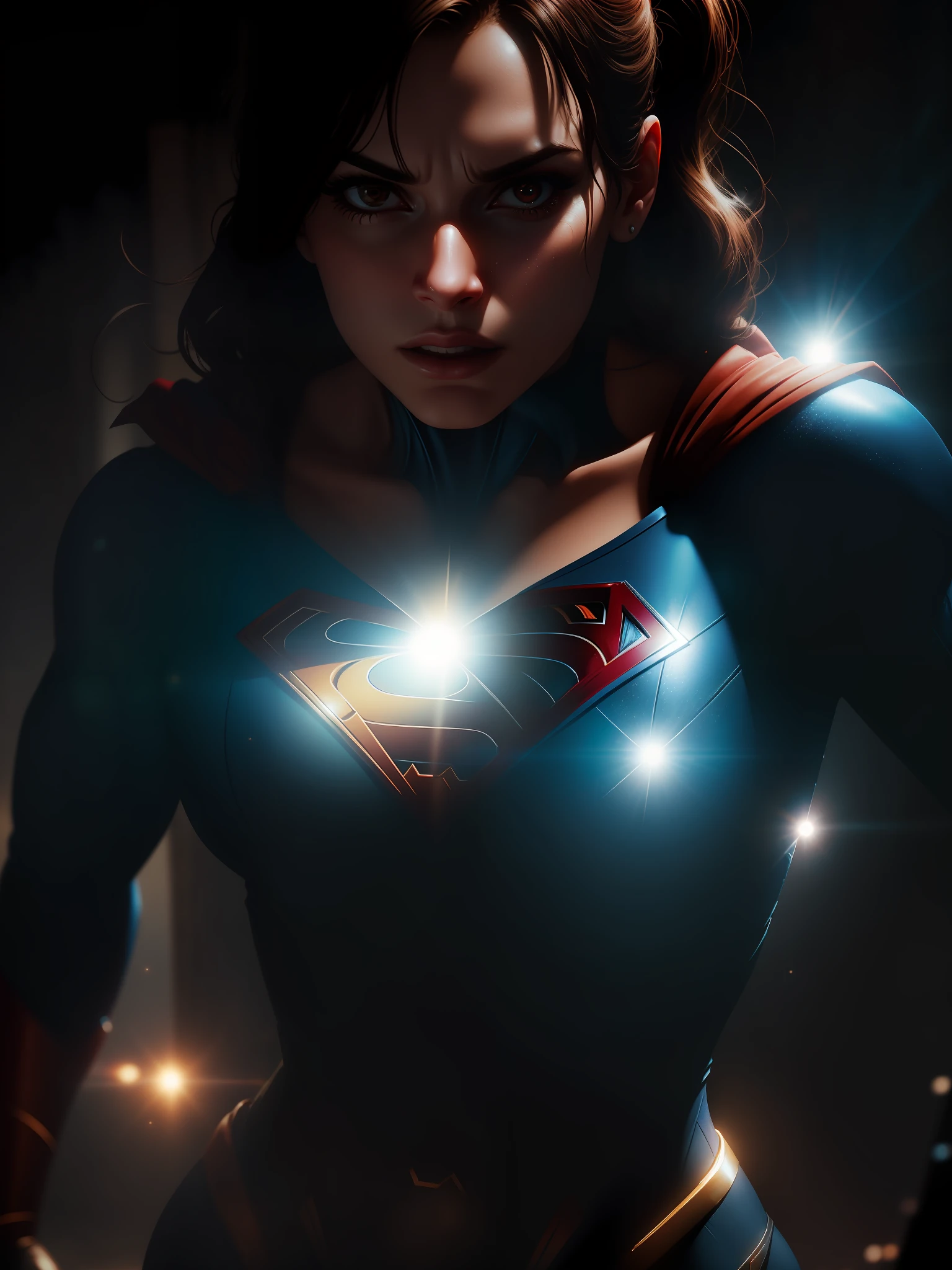 Movie scene, close-up shot of Woman dressed as Superman from DC, distorted space, distorted undead in the background, lens flares, light shafts, intricate details, highly detailed, volumetric lighting, 4k rendering, stock photo, hyper-realistic, realistic textures, dramatic lighting, Unreal Engine