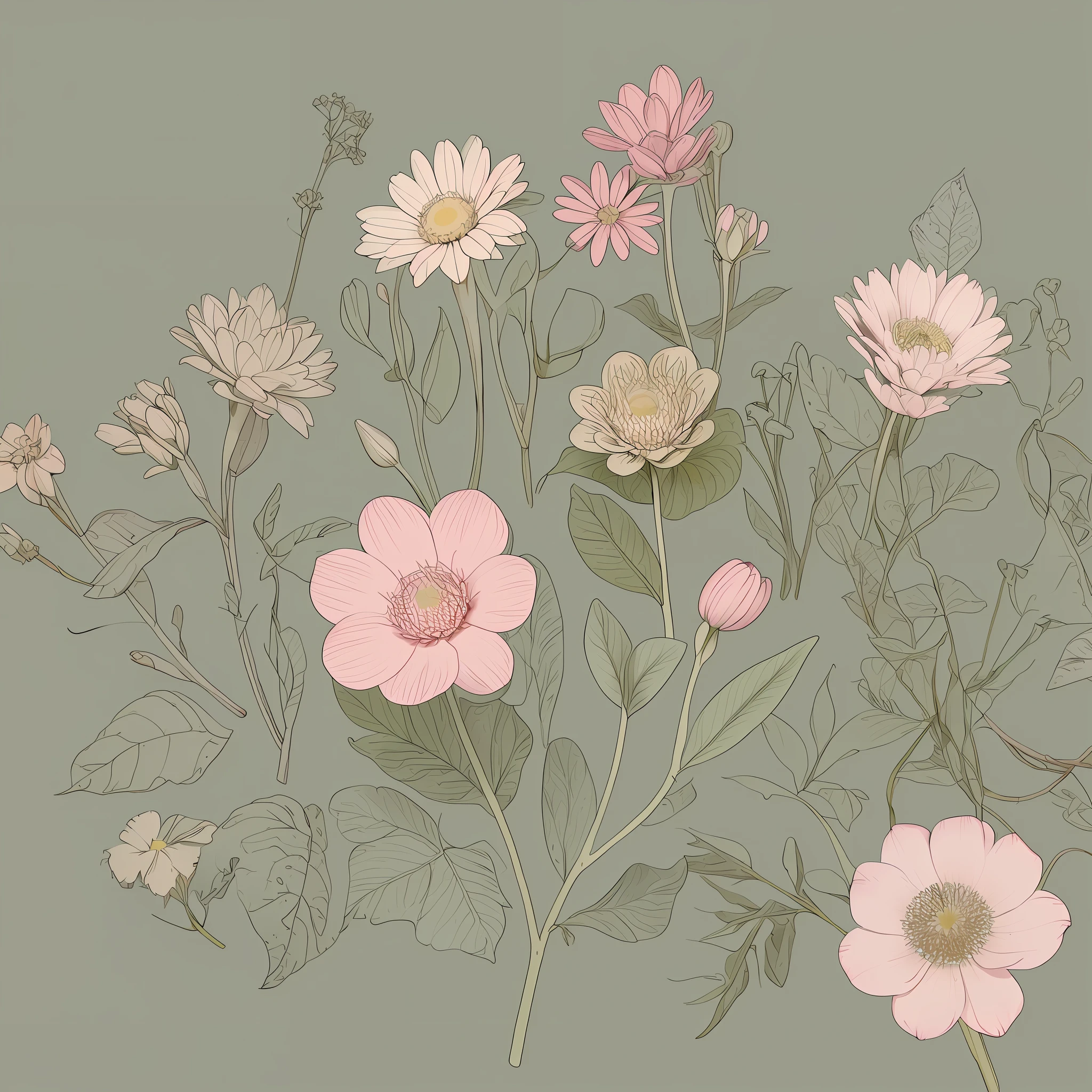 Small flower pattern label style, flat style, vector style, drawing style, naïve style, in very soft pastel colors such as old pink, moss green, pastel blue, beige, light yellow, white. WHITE BACKGROUND