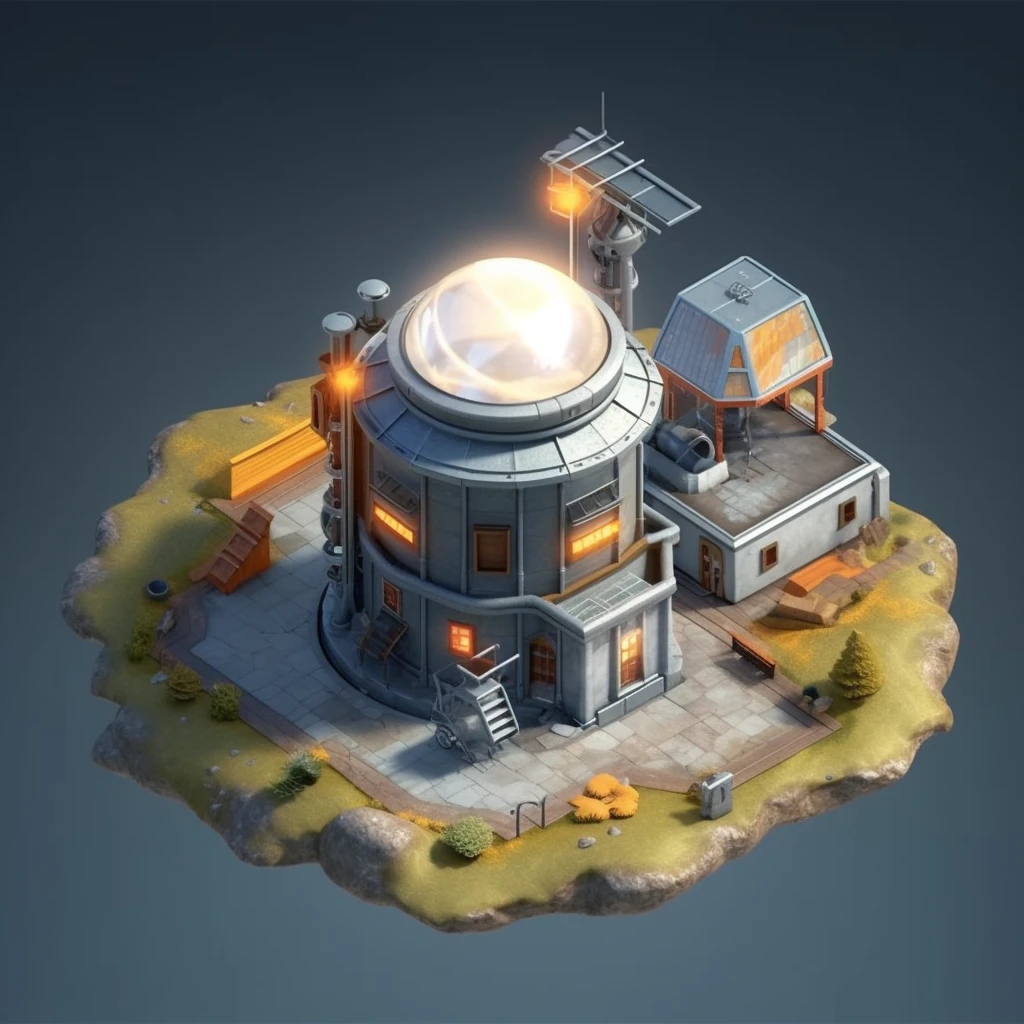 Isometric, overlooking 45 degrees, SLG game building, single building, spherical weather station, gray background, concept art, realistic 3D, Unreal Engine, bright sunlight, global illumination