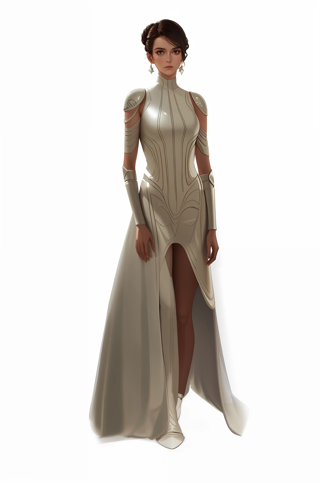 Full body,Wear a Space opera style costumes,A simple evening dress with a sci-fi feel, white plastic, diffuse lighting, fantasy, no helmet,absurdres,star wars,dune,mass,(masterpiece:1.4), ultra-detailed, 1girl, stand up,2023 fashion,