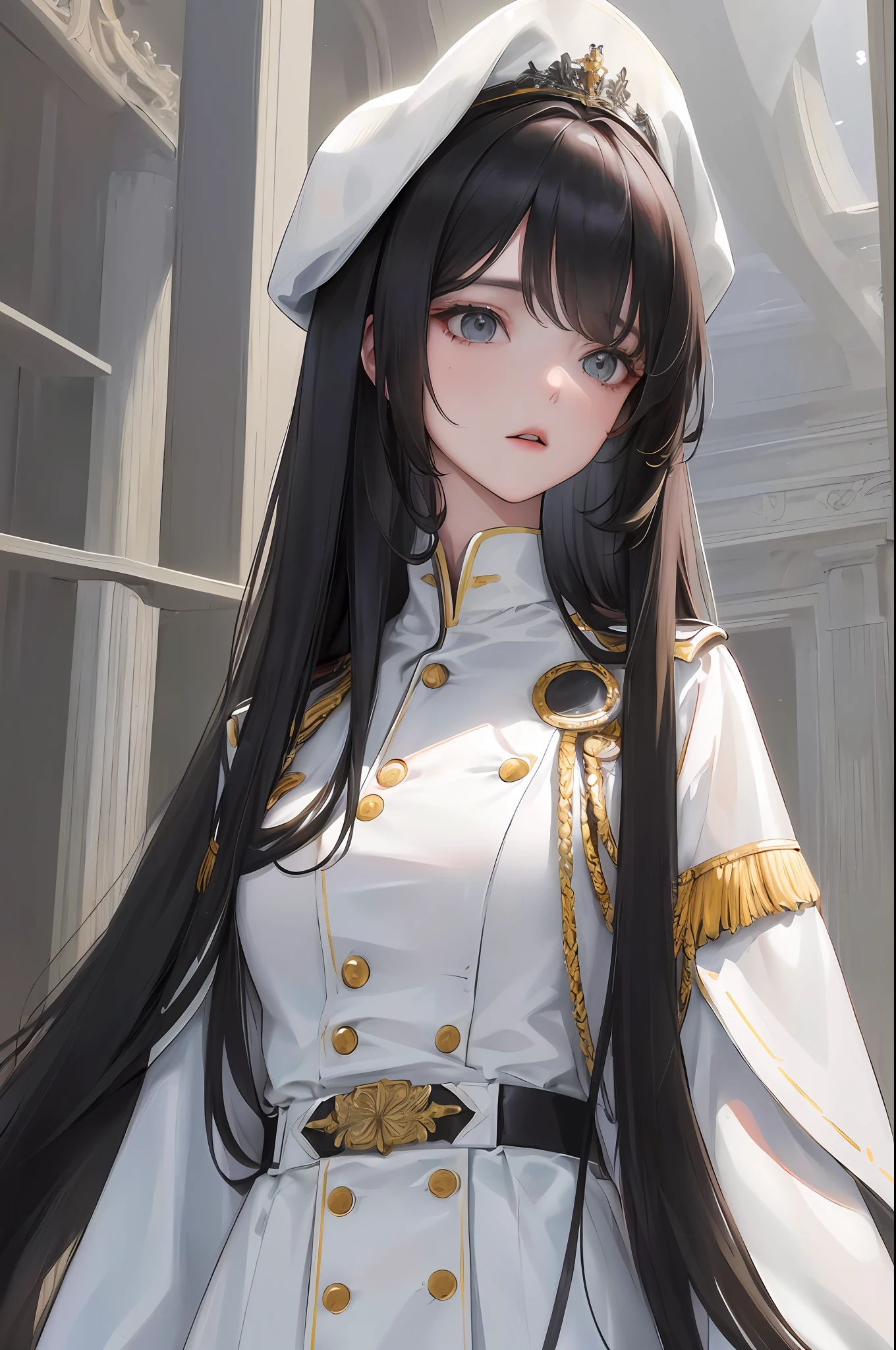 (highest resolution, distinct_image) best quality, woman, masterpiece, high detail, realism, black hair, bangs, straight long hair, mature, white clothes, white uniform, military school beauty, heroic posture, interior background, exquisite facial features, super high resolution, cinematic texture, complete five fingers, light and shadow effects, full body