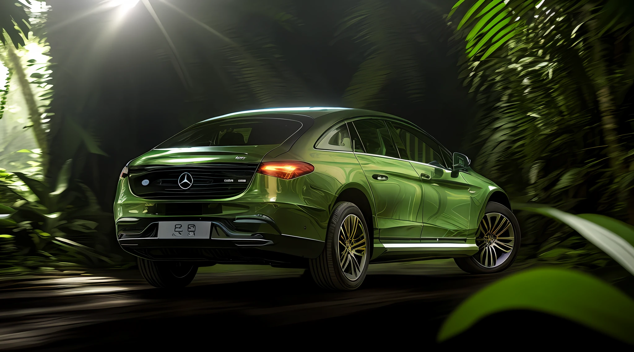 |First Person Shooter|Set in the Jungle, There Lots of Video Game Action|,|Black Mercedes ESQ|,Morning Light, Wide Angle, Game Style Rendering, 8K UHD, Studio Quality, Ultra Realism, Maximum Detail, Massive Scale, Post Processing, Photorealism, Photoshop, Photography, Ray Tracing, Octane Rendering