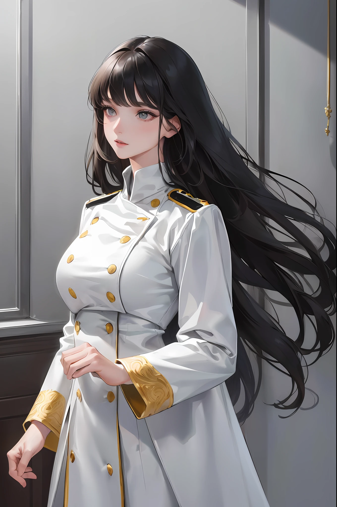 (highest resolution, distinct_image) the best quality, woman, masterpiece, high detail, realism, black hair, bangs, straight long hair, mature, white clothes, white uniform, military school beauty, heroic posture, interior background, exquisite facial features, super high resolution, cinematic texture, complete five fingers, full body