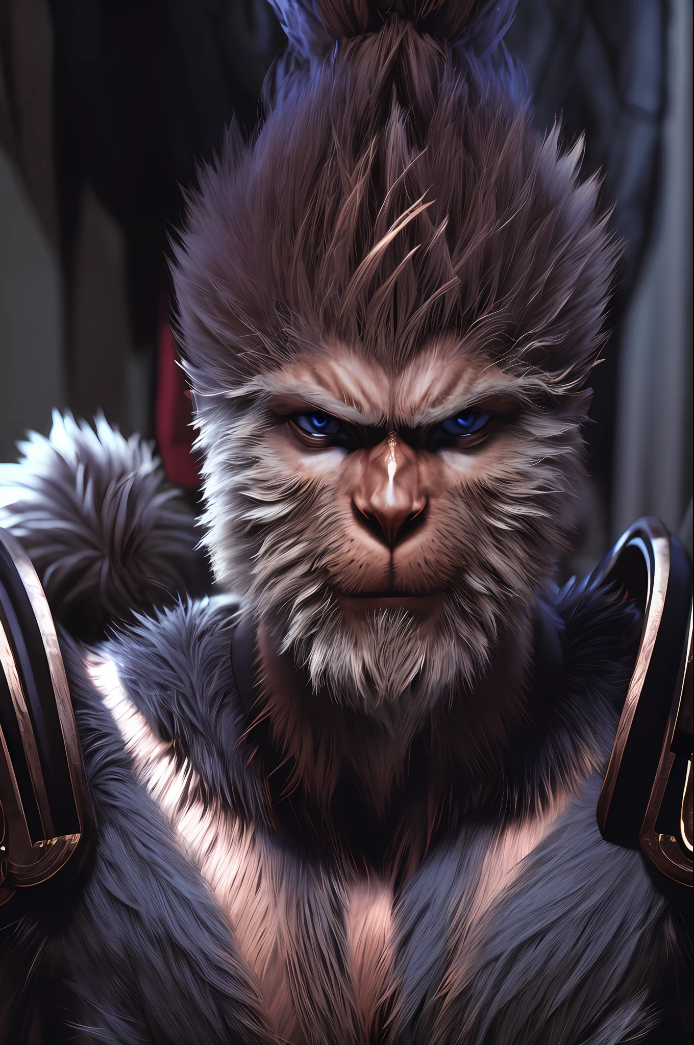 wukong \(black myth\),
1boy, solo, male focus, detailed eyes, shaded face,
fur chest, armor, blue clothes, pauldrons,
unreal engine, 8k, super detail,