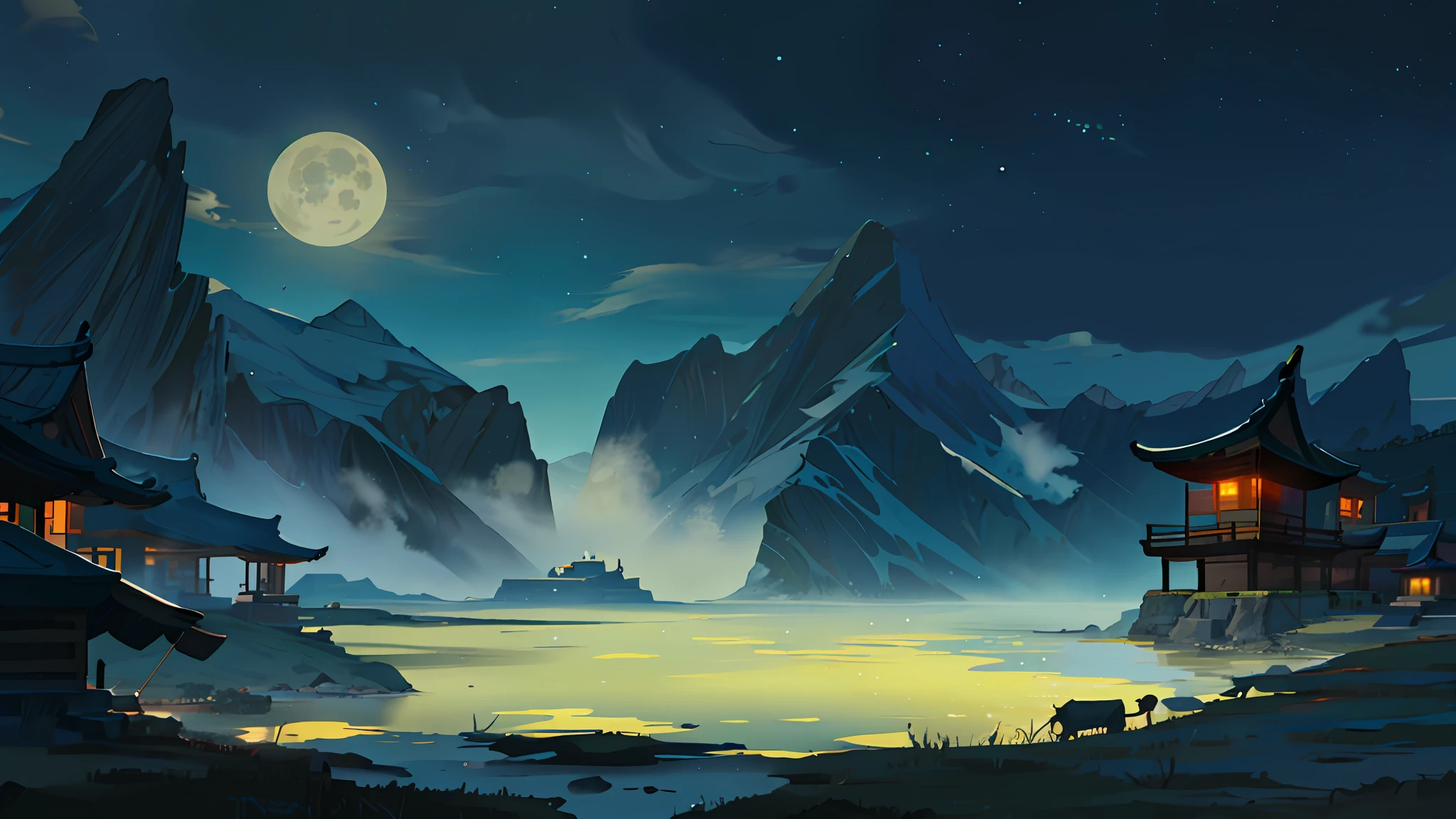 (mountain:1.1),moon,no humans,scenery,night,lantern,sky,full moon,fog,outdoors,cloud,night sky,grass,tree,(east asian architecture:0.7),architecture,Natural,Landscape,(floating island:1.1),