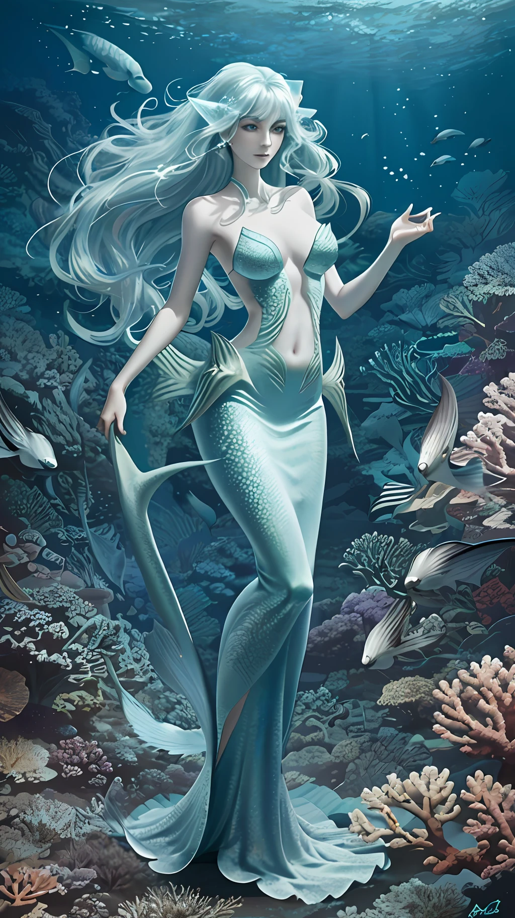 A mermaid, mystical, slender and elegant body, with the upper part being human and the lower one transformed into a scaly fish tail, skin with luminous and soft tone,Her face is harmonious and charming, large and expressive eyes, long silky hair flowing in sinuous waves, color of her hair in shades of sea-green, dark-blue, on the seabed, algae, fish, starfish, corals, ultra resolution