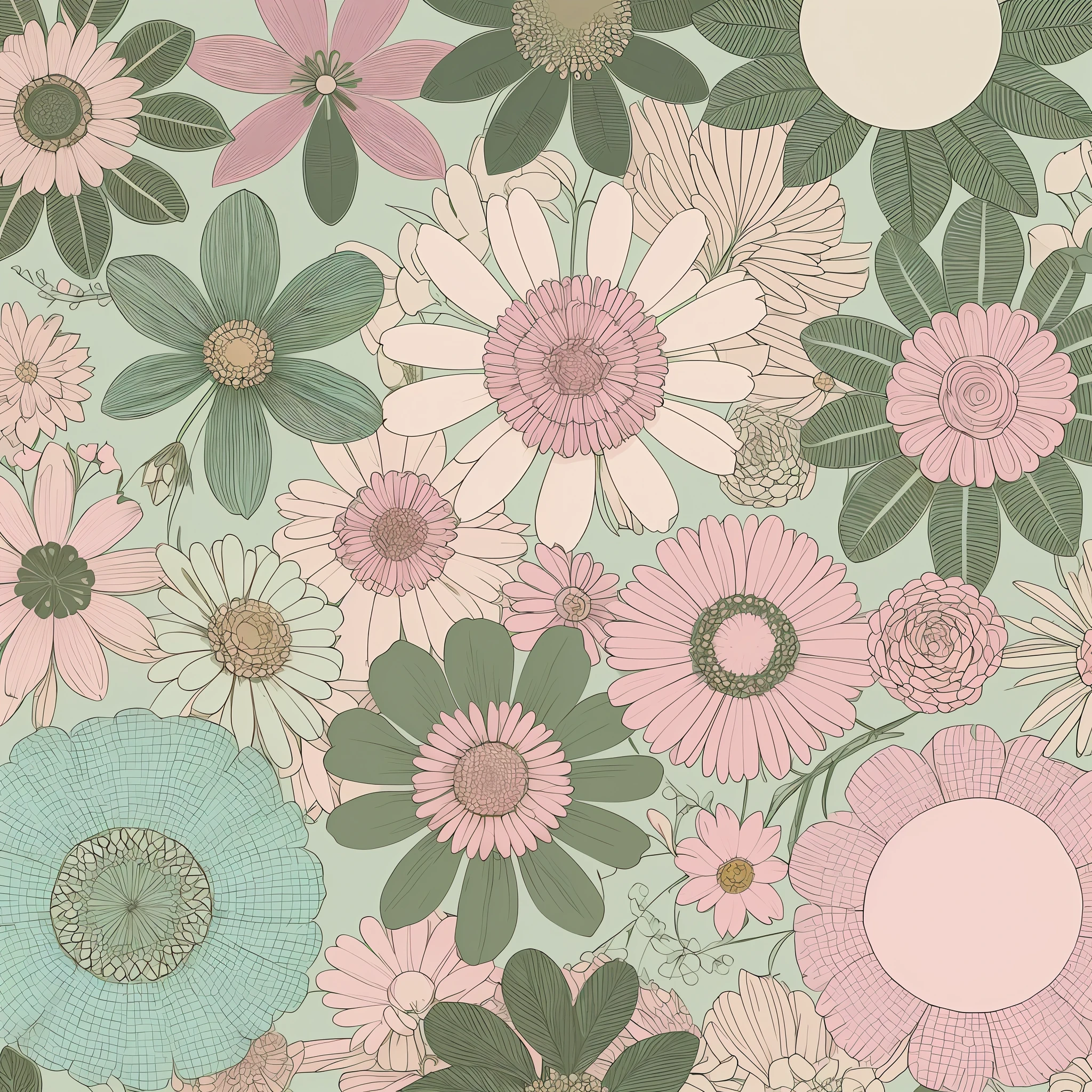 Small flower pattern label style, flat style, vector style, drawing style, naïve style, in very soft pastel colors such as old pink, moss green, pastel light blue, beige, light yellow and pastel white.
