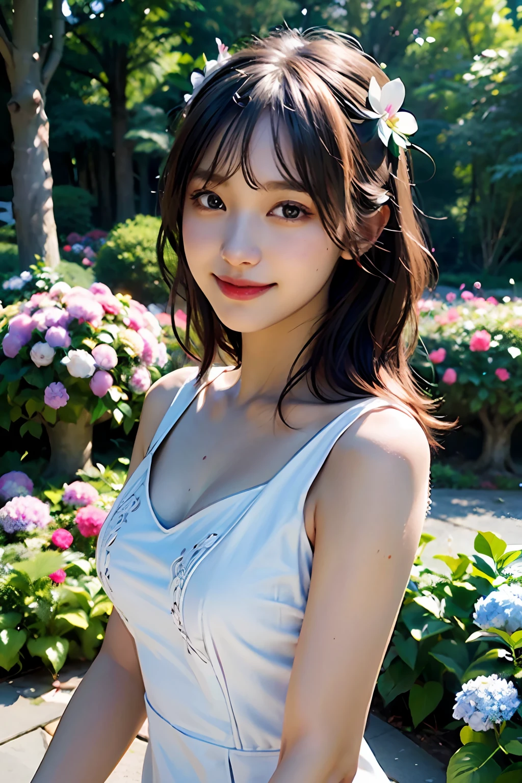 best quality, masterpiece, ultra high res, 8K, raw, (photo realistic:1.4), professional lighting, depth of field, (detailed background:1.5), hydrangeas, flower garden, slender, dynamic pose, 1 girl, cute, smile, big black eyes, open mouth, tiny breasts, detailed clothes, white, one-piece