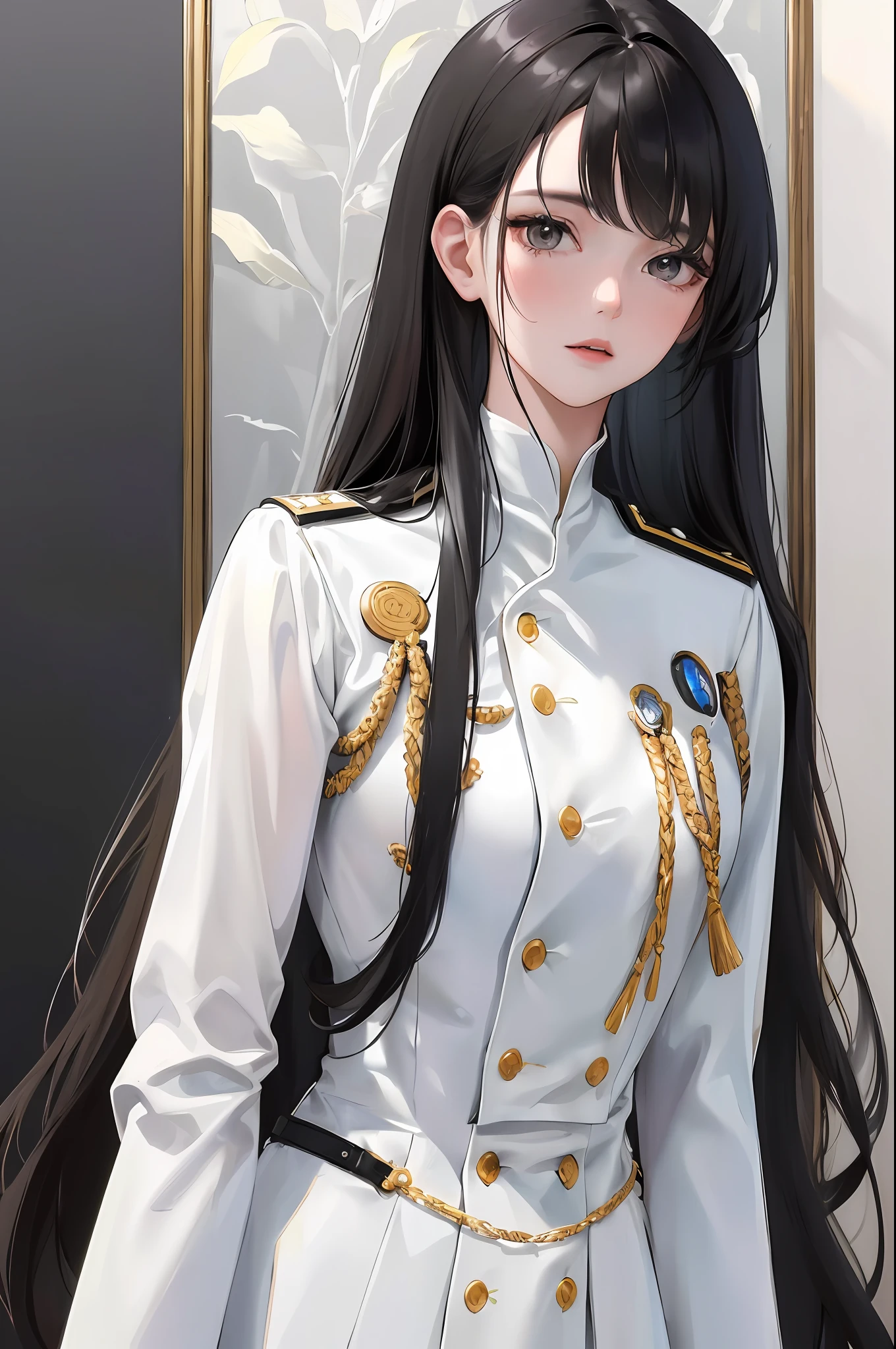 (highest resolution, distinct_image) best quality, woman, masterpiece, high detail, realism, black hair, bangs, straight long hair, mature, white clothes, white uniform, military school beauty, heroic posture, interior background, exquisite facial features, super high resolution, cinematic texture, complete five fingers, half body