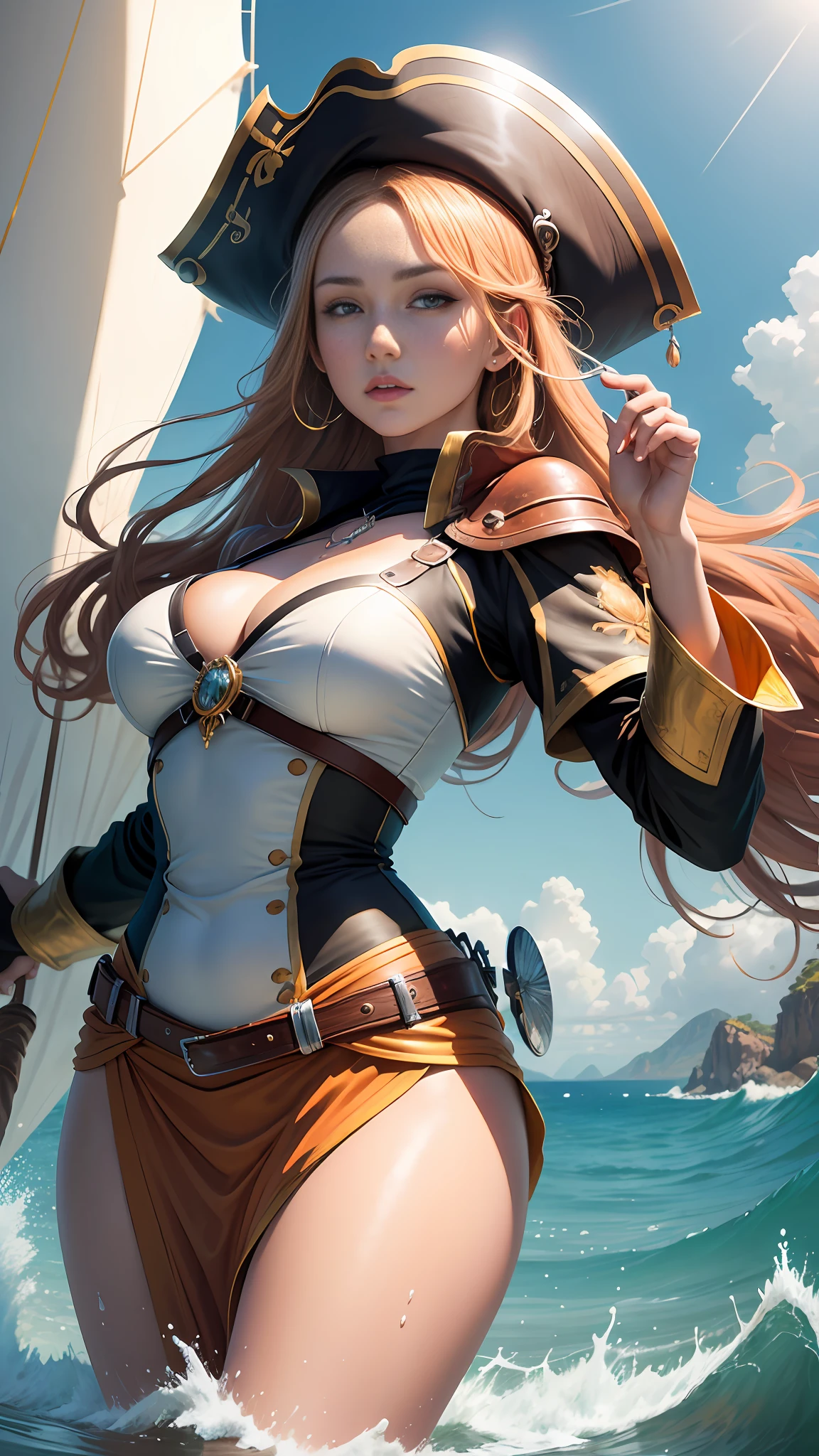 no humans, scenery, vanishing point, from below, masterpiece, best quality, 8k, absurdres, water surface, summer, noon, sunlight, blue sky, perspective, depth of field, highres, finely detail, ultra-detailed, sharp focus,Masterpiece, best quality, (8k very detailed CG unit wallpaper) (best quality), (best illustration), (best shading) a golden sea wave, bright orange aol sunset through the wave, golden water drops flying, (:1. 6), fantasy medieval pirate, saber in hand, turban, pirate hat, cocked hat, on a boat, sails, sea and sky background, the only characters, correct female anatomy, art by Greg Rutkowski, digital art by artgerm, detailed art, masterpiece, digital painting