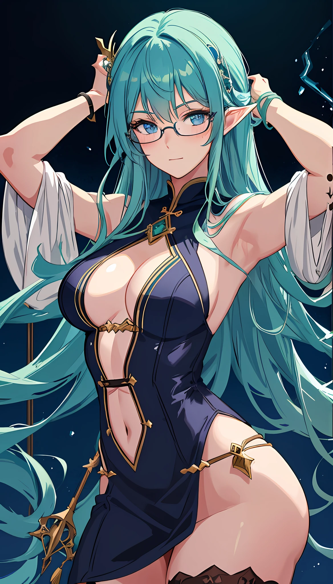 1 girl, looking at the audience, green hair, blue eyes, beautiful thin eyes, long double tails, wizard hat, wearing rags, singing magic, arcane, magic around, knowledge, eye of the abyss, deep blue sky, death, medium breasts, ((masterpiece)), (best quality)), (beautiful detail eyes)), (eyelashes), elves, very detailed CG Unity 8k wallpaper, masterpiece, ((super detailed)), ((illustration)), color, wallpaper, showing armpits, hand scratching hair, Butt up, squat, magic weapon holding pole, nanny glasses, blushing expression, light on face through close-up, Genshin
