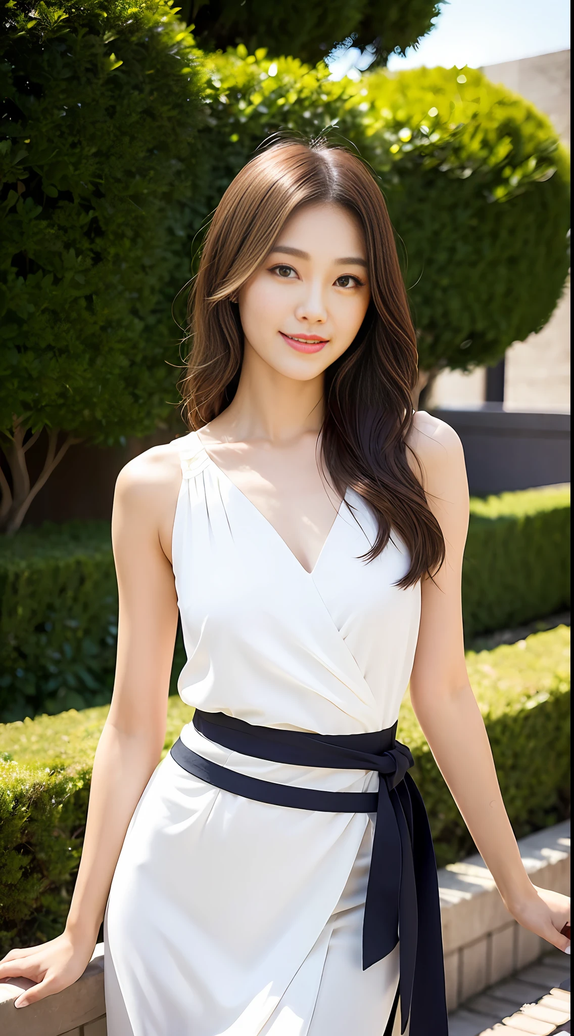 1 Chinese girl, 155 cm, hyper-relastic, smiling, standing, highly detailed, perfect face, awesome body, sexy thighs, perfect feet, hyper-realistic, realistic, soft light, high quality, volumetric light, cinematic light effects, sneak peek, photo, high resolution, original photo, perfect lighting, focus: full body: 1.8, full body shot: vista: 1.9. Imagination, creativity, thinking, personality, being different, this is a brand new product, only in the sky, people can only see here, nowhere else. Fabric selection: Breathable and lightweight chiffon fabric with a soft texture and a pleasant touch.

Placket design: V-neckline (minimum proportion of the neckline) design to show off the collarbone and bust line to highlight the sexiness, while the slim fit highlights the advantages of the figure.

Detailing: Asymmetrical design, you can use special-shaped cuts or extended decorations at the hem of the clothes to increase the sense of fashion.

Main color: the whole is light or pearl white as the main color, can be matched with dark coats and heels, simple and generous, can highlight the dignified temperament of women.

Belt design: Design a fringe-style belt at the waist, echoing the skirt, raising the fashion of the overall wear, and can effectively modify the figure to create a glamorous charm.

Omit design: Omit excessive embellishments at the cuffs and neckline to create a simple and elegant style with a unique brand character.

Celebrity temperament: Through the curved and slim design, highlight the advantages of women's figure, and at the same time use silk fabric as the lining material, exuding a sense of quality and celebrity temperament.

Age-reducing design: Add a bow or ruffle detail to the hem to create a relaxed and natural sense of vitality for an age-reducing effect.

Gentle femininity: Starting with fabrics and cuts, focus on creating comfort and smooth lines to express feminine femininity.

Hopefully, the above design solutions can meet your needs, and th