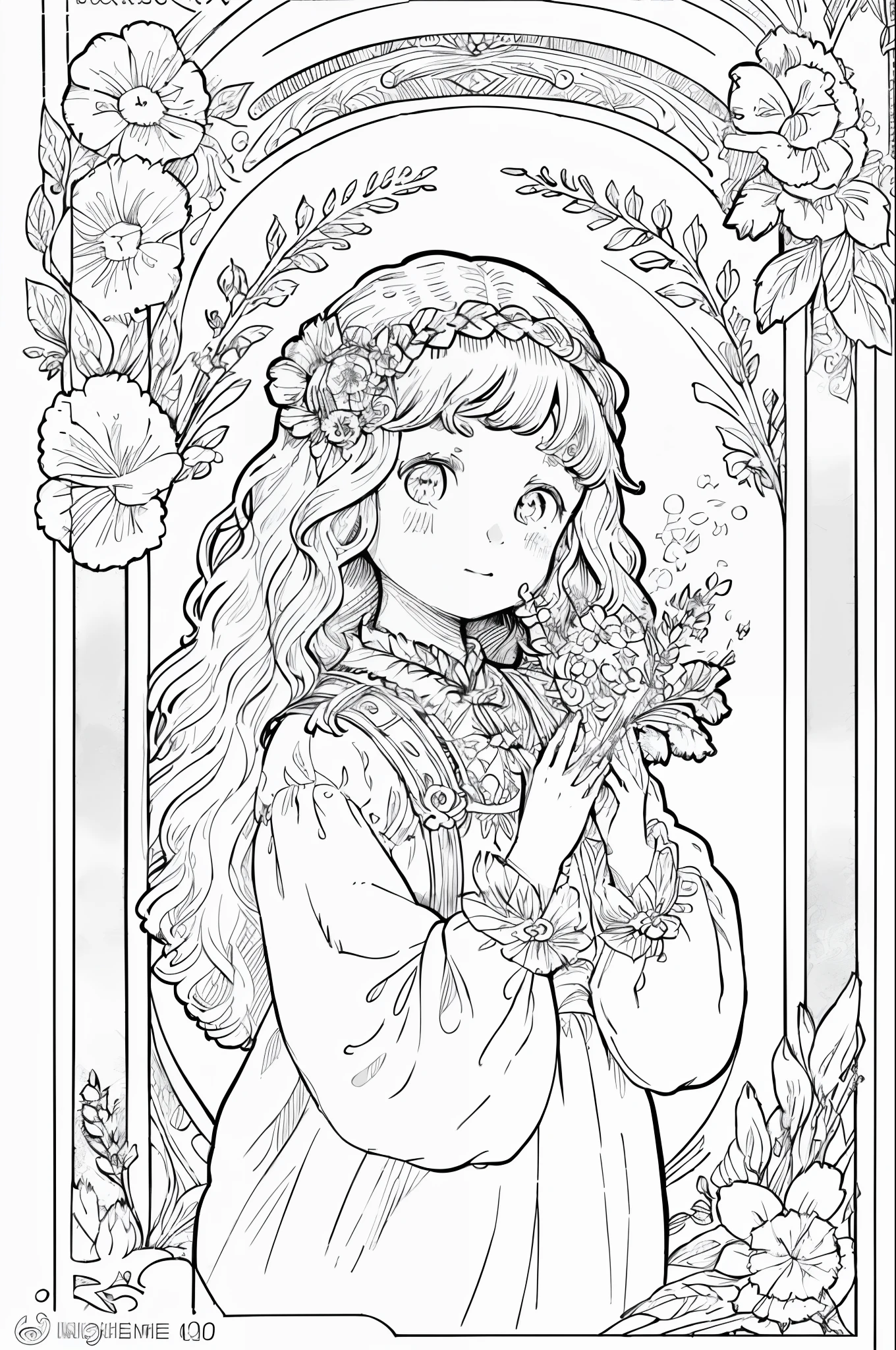 European women's face portrait, long curly hair, blonde, floral frame, decorative panel, abstract
Art by Alphonse Mucha, sketch, character lines and scenes, no color, no shadows, (no shadows))
(Masterpiece, Best Quality, Highres:1.4), Detailed, Intricate Details, 4K, color splashes, line art, fibonacci,