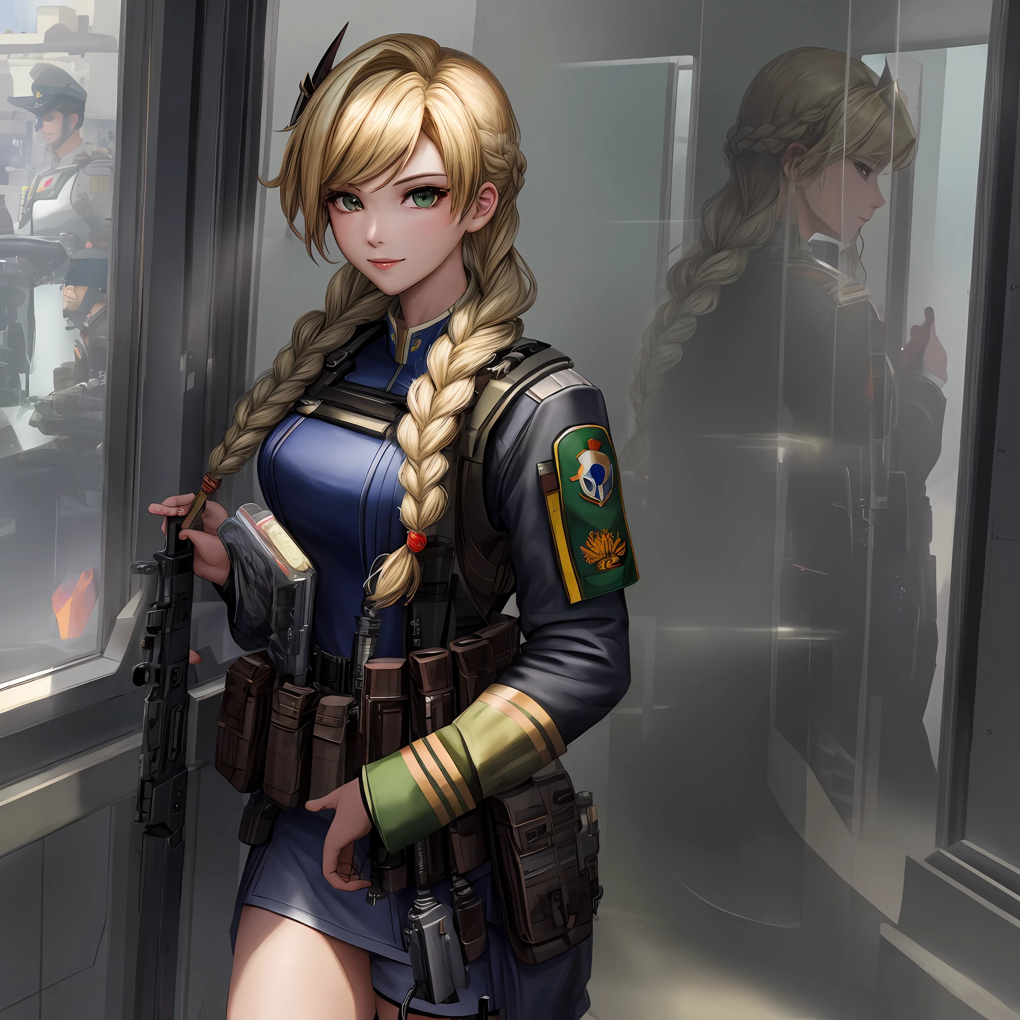 best quality, masterpiece, eye reflection,best quality, masterpiece, overwatch 2 mercy eye reflection, alone, in stark tower, perfect body, blonde, single long long braid in hair,nato uniform,green eyes,two arms,holding your iconic weapon, smiling,military details on uniform, tight uniform,braid past shoulder,utility belt,alone, command room, multiple smaller braids, low-cut clothing, 4k, masterpiece, highres, absurdres, natural volumetric lighting and best shadows, deep depth of field, sharp focus